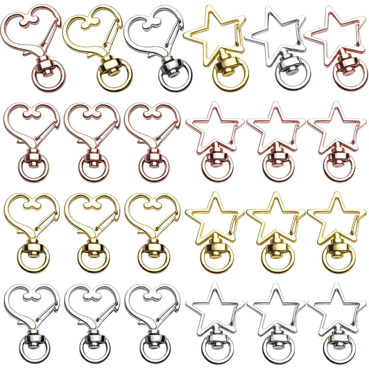 Lobster Claw Clasps, 24pcs Metal Swivel Claw Clasps Star and Heart Shape Snap Hook with Key Rings Swivel Lanyard Clips for Bag Keychain DIY Crafts, Golden, Silver, Rose Golden, 34x24mm