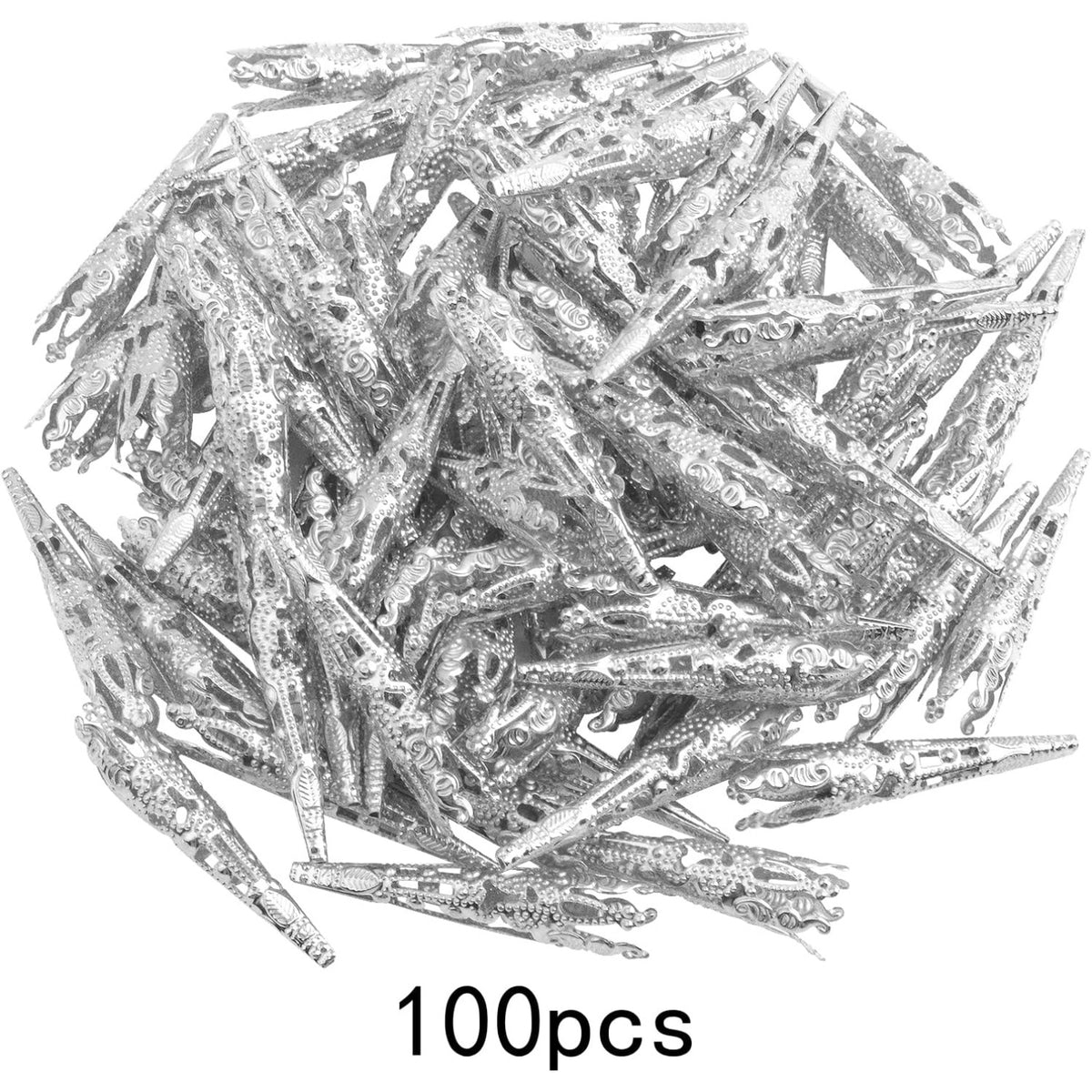 100pcs Silver Long Flower Bead Caps Hollow Cone Bead End Caps Filigree Flower Spacers Hair Braid Beads Accessories for DIY Neckalce Earrings Hairpins Craft Projects
