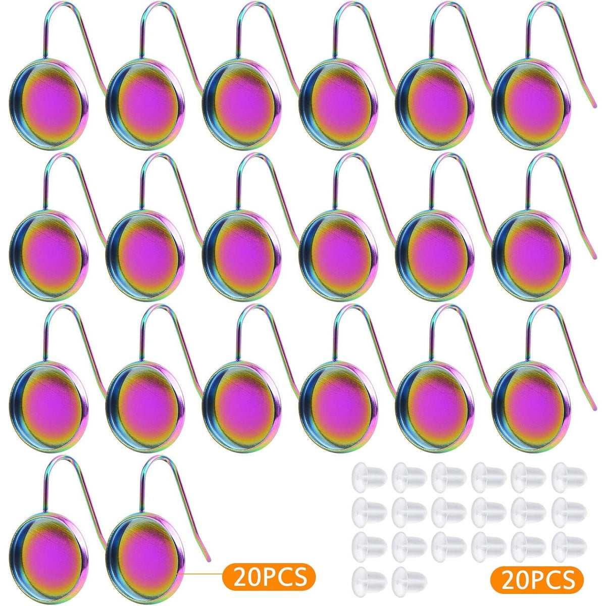 20pcs 12mm Rainbow Color Earring Wire Hooks Blanks Stainless Steel Flat Round Bezel Trays Cabochon Settings and 20pcs Earring Backs for DIY Earrings Jewelry Making Supplies