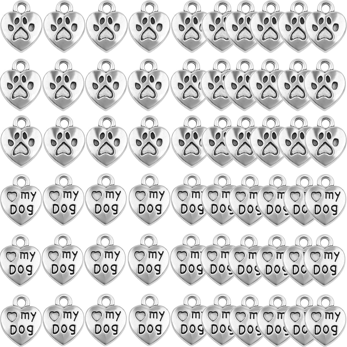 60pcs Love My Dog Lettering Word Charms Tibetan Alloy Heart Dog Paw Print Pendants Double-Sided Animal Pet Puppy Footprint Charms for DIY Necklace Bracelet Jewelry Making, 3 Colors