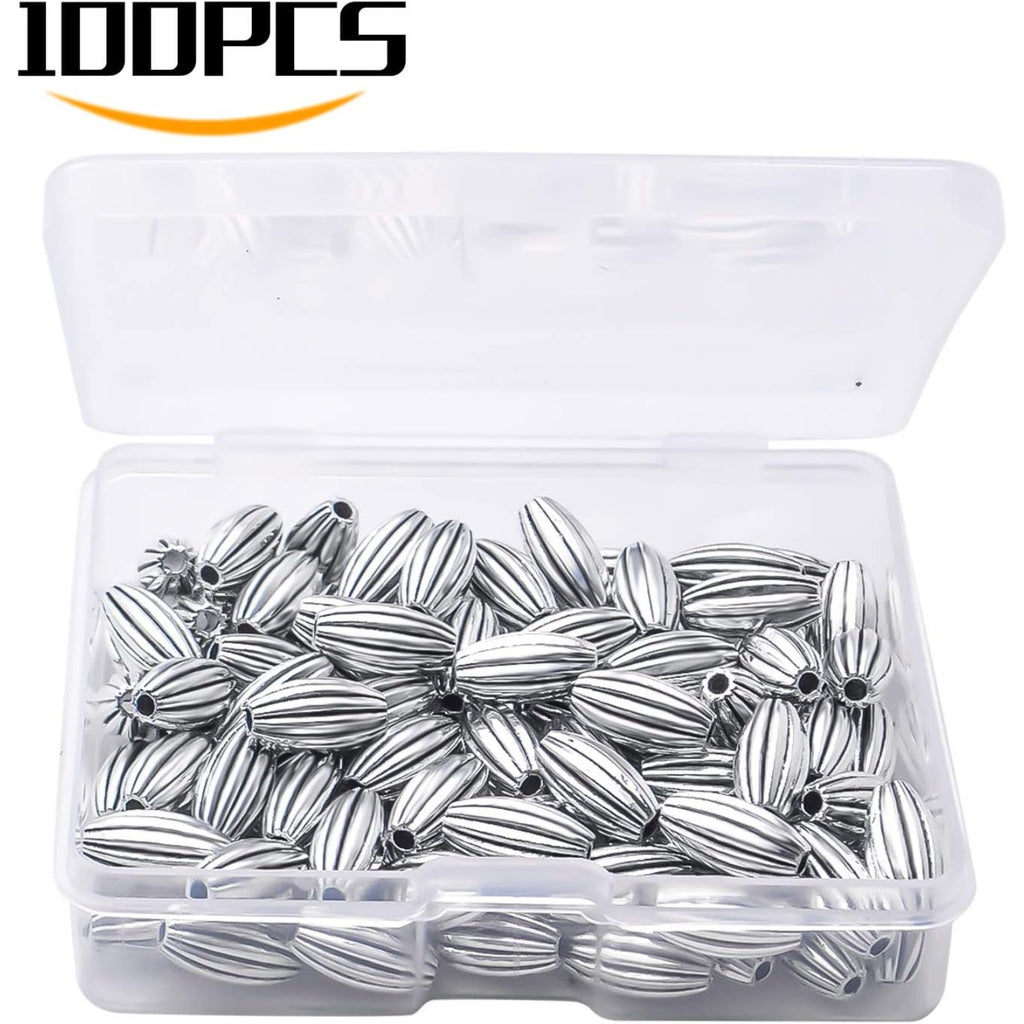 100pcs Antique Silver Oval Rice Shape Bead Spacers Tibetan Beads Jewelry Beads Spacer Bead Charms with A Box for DIY Bracelet Necklace Jewelry Making