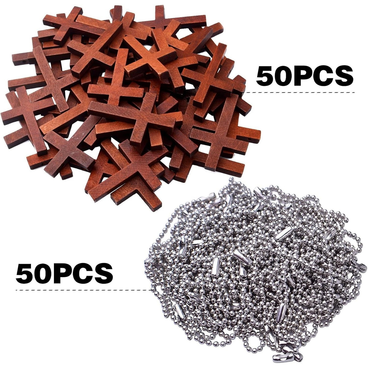 50pcs Brown Wood Cross Charms Wooden Religious Cross Pendants with 50pcs Silver Metal Ball Bead Chains for DIY Necklace Bracelet Crafts Jewelry Making Accessories