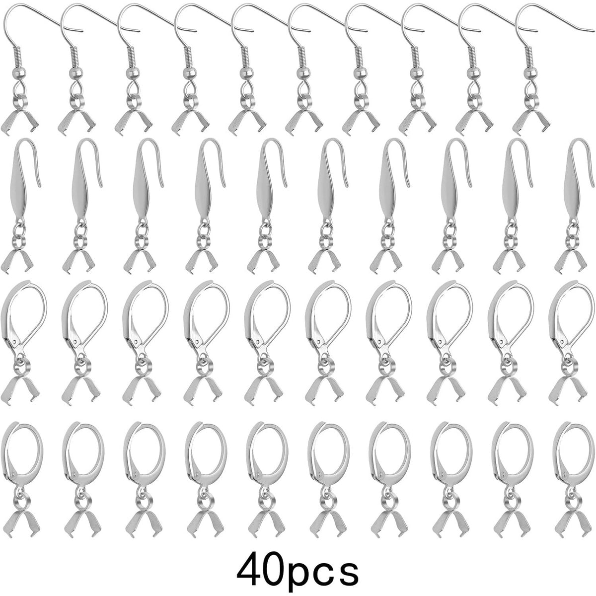 40pcs Stainless Steel Leverback Earring Hooks Hypoallergenic French Earwire Fish Hooks with Pendant Clasps Earring Components for DIY Dangle Jewelry Making Supplies, 4 Styles