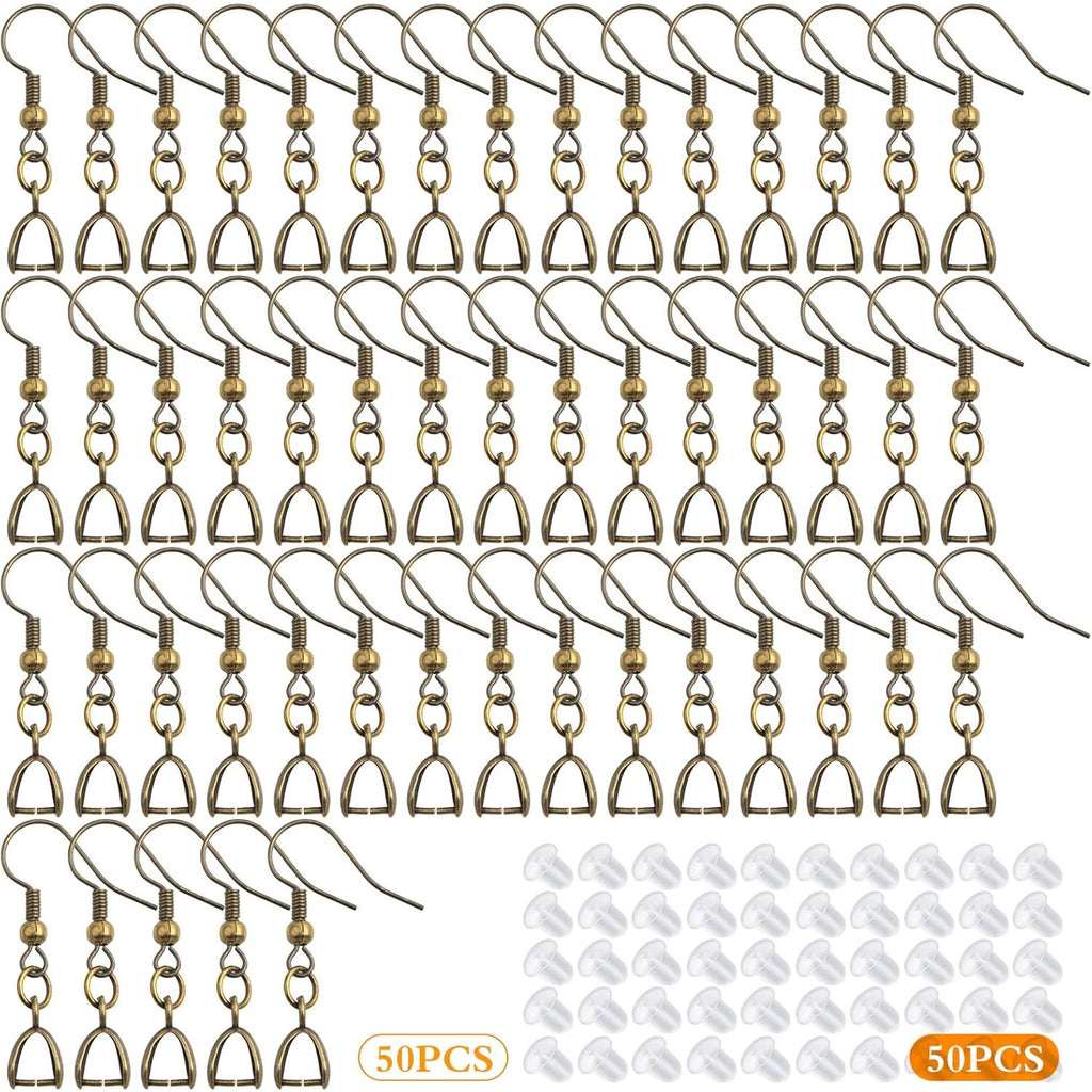 50pcs Antique Bronze French Earring Fish Hooks Hypoallergenic Brass Earwire Hooks with Pendant Clasps and 50pcs Clear Earring Safety Backs for DIY Earrings Making Findings