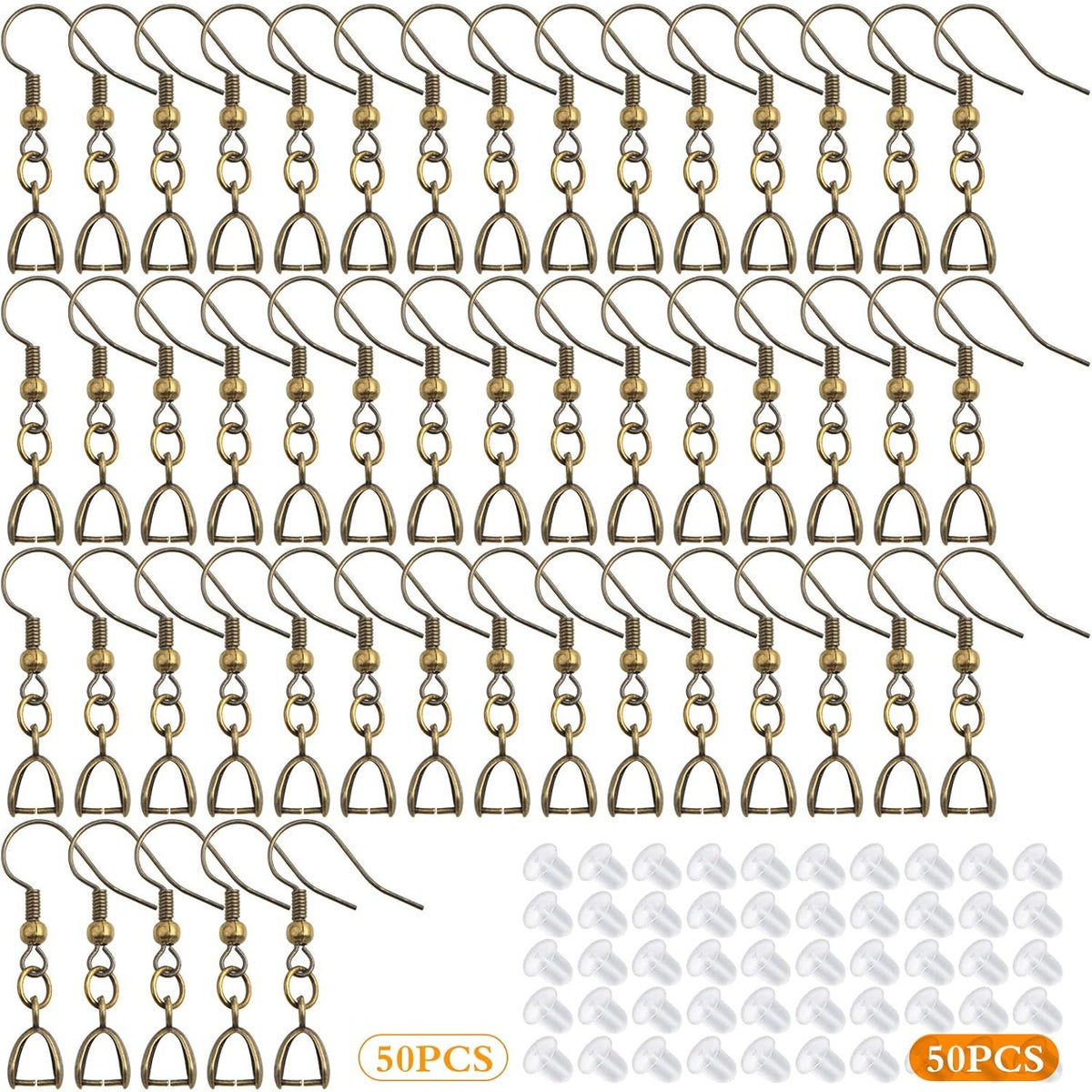 50pcs Antique Bronze French Earring Fish Hooks Hypoallergenic Brass Earwire Hooks with Pendant Clasps and 50pcs Clear Earring Safety Backs for DIY Earrings Making Findings