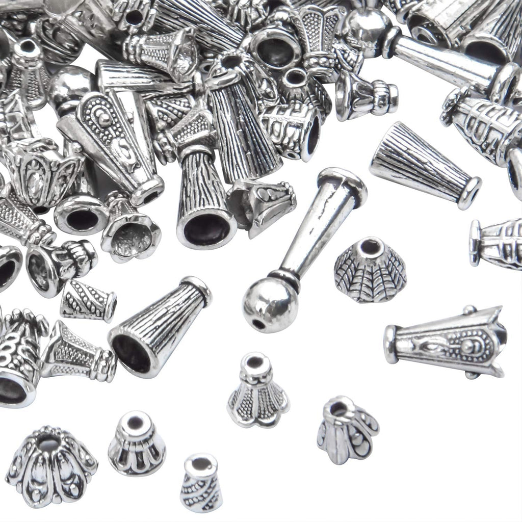 100 Gram (About 130-190pcs) Antique Silver Cone Bead Caps Flower End Caps Tassel End Cap for Jewelry Making Crafts DIY