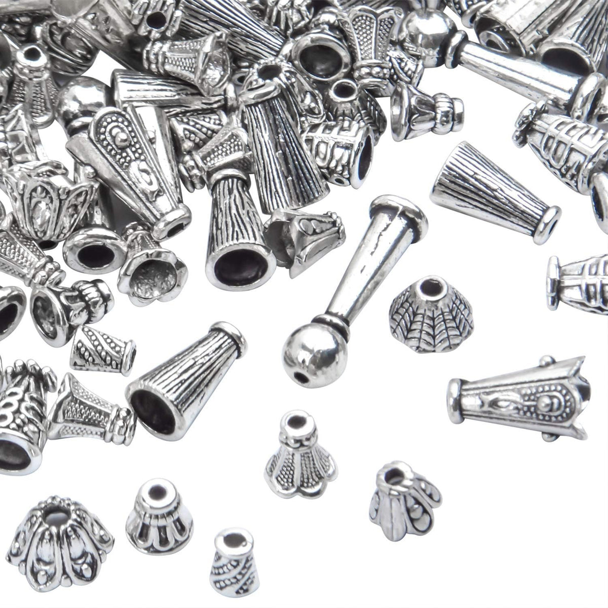 100 Gram (About 130-190pcs) Antique Silver Cone Bead Caps Flower End Caps Tassel End Cap for Jewelry Making Crafts DIY