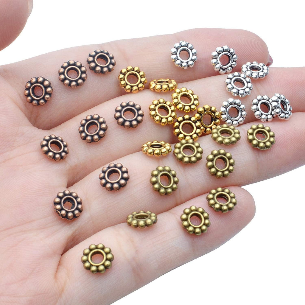 200pcs 4 Colors 6mm Flower Spacer Beads Tibetan Alloy Daisy Spacers Snowflake Loose Beads Jewelry Spacer Charms for DIY Bracelet Jewelry Crafts Making