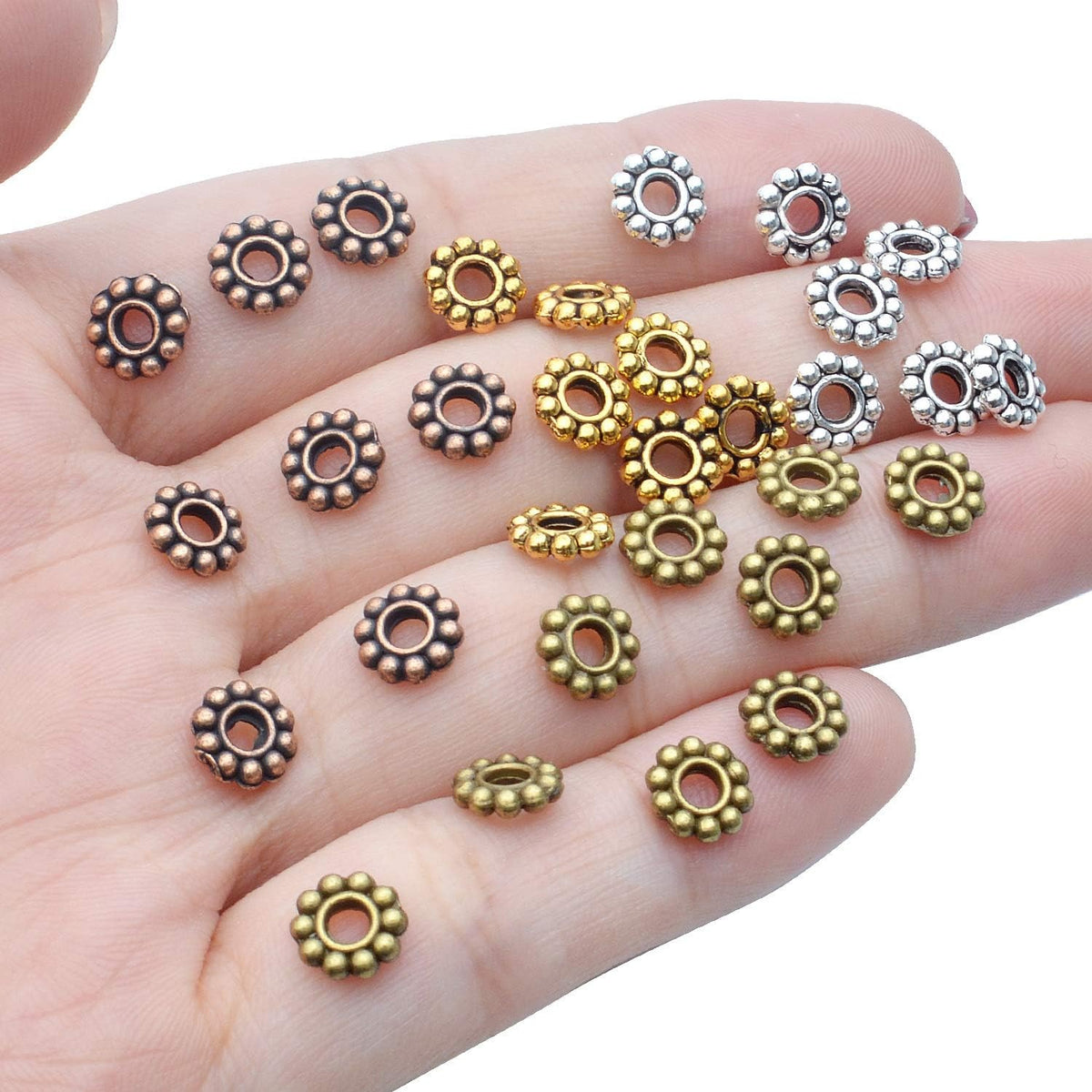 200pcs 4 Colors 6mm Flower Spacer Beads Tibetan Alloy Daisy Spacers Snowflake Loose Beads Jewelry Spacer Charms for DIY Bracelet Jewelry Crafts Making