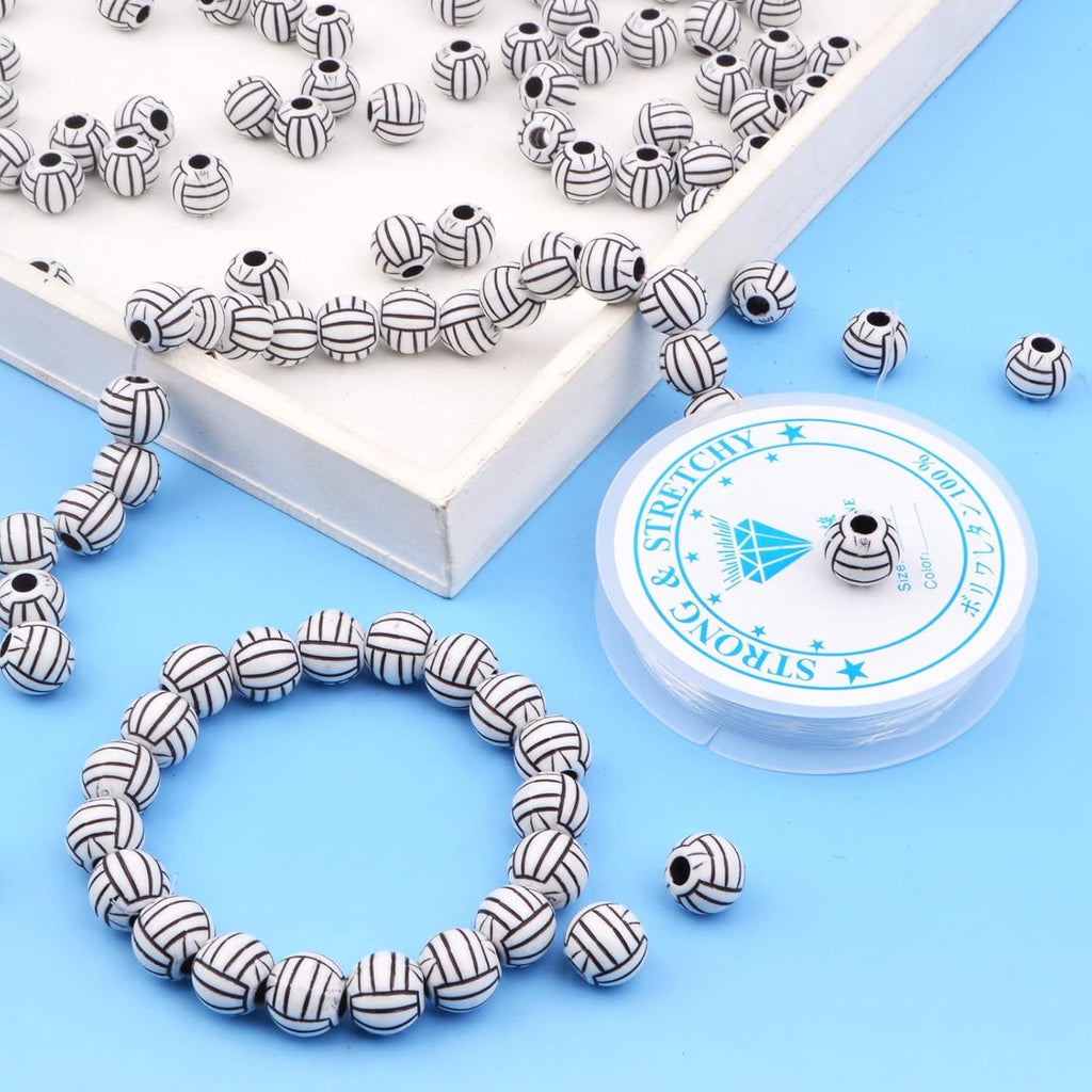 120 Pieces Volleyball Spacer Beads Acrylic Sport Ball Beads with Large Hole and A Roll of Elastic Crystal String for DIY Necklace Bracelet Keychains Hair Ties Crafts