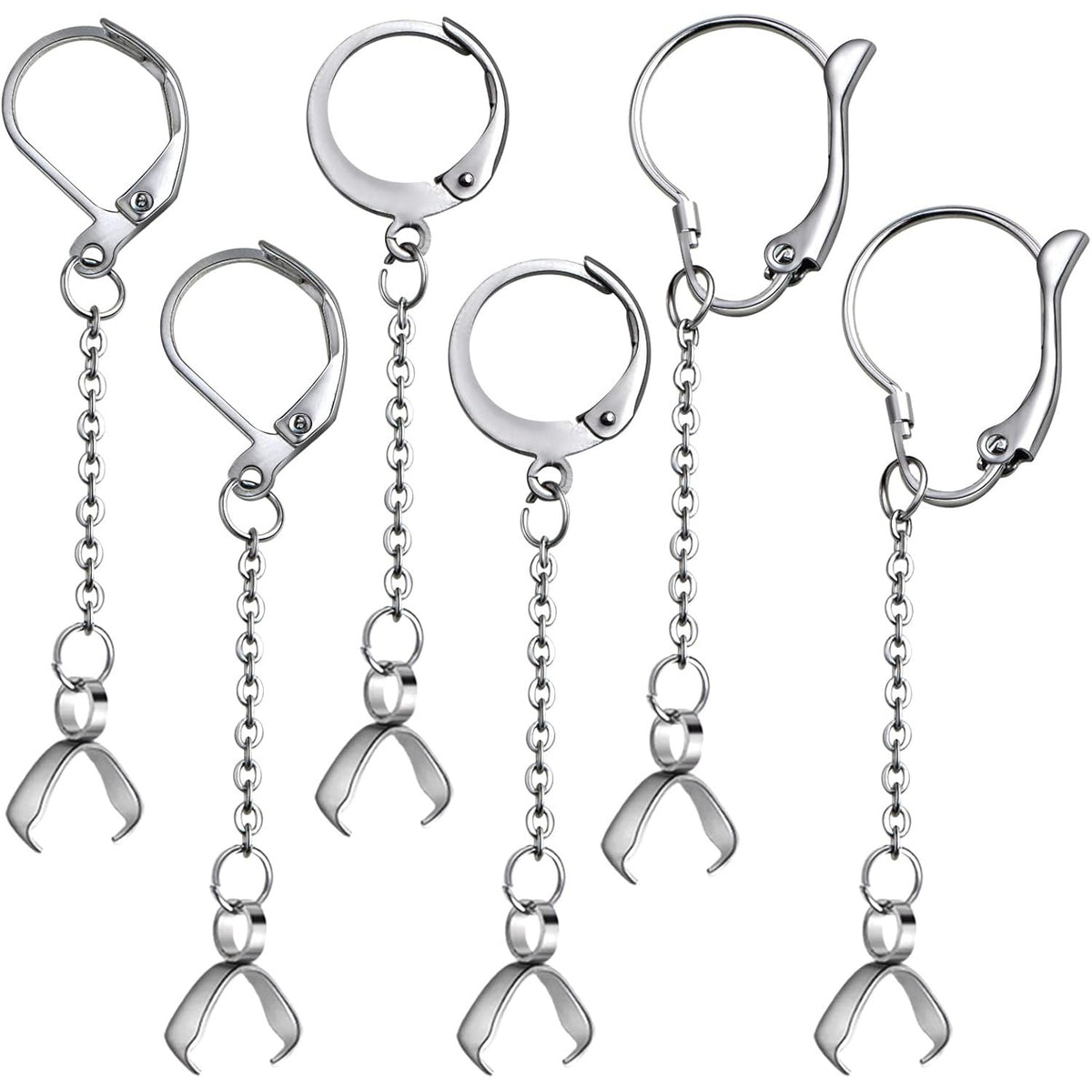 6pcs Stainless Steel Leverback Earring Hooks Hypoallergenic French Ear Wires with Open Loop and Pinch Clasp Chains for DIY Earring Jewelry Making Findings, 3 Sizes