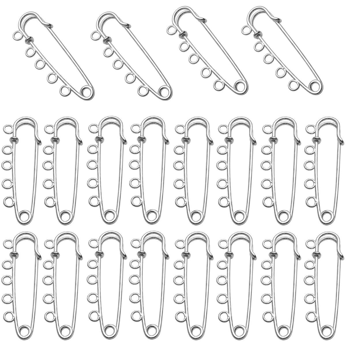 Heavy Duty Alloy Safety Pins - 20pcs Bulk Pack with 5 Loops - Gold, Silver, Antique Bronze, Rose Gold - 50x15mm
