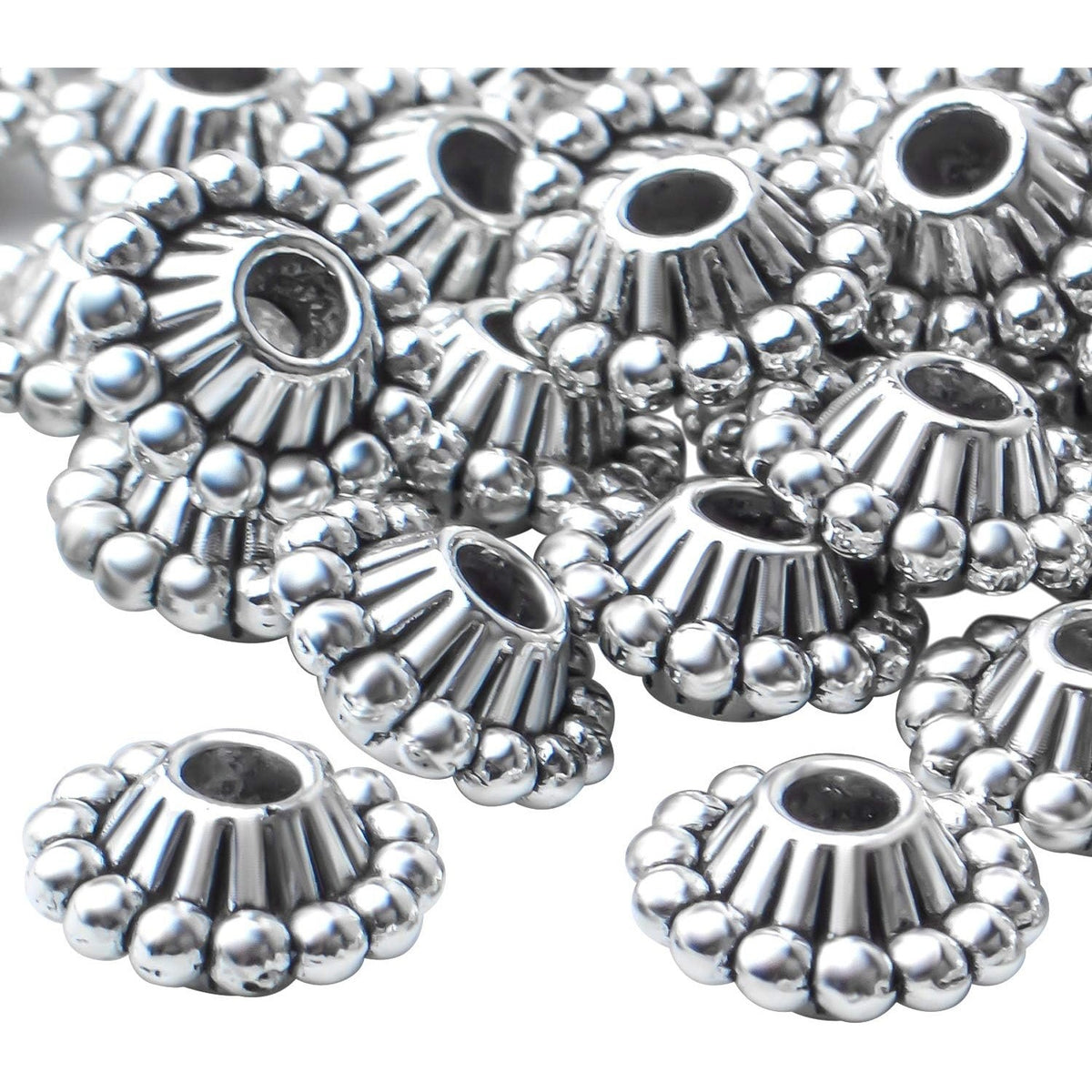 50pcs 11mm Antique Silver Flower Spacer Bead Tibetan Alloy Spacers European Large Hole Beads Jewelry Spacer Charm with A Box for Bracelet DIY Crafts Jewelry Making