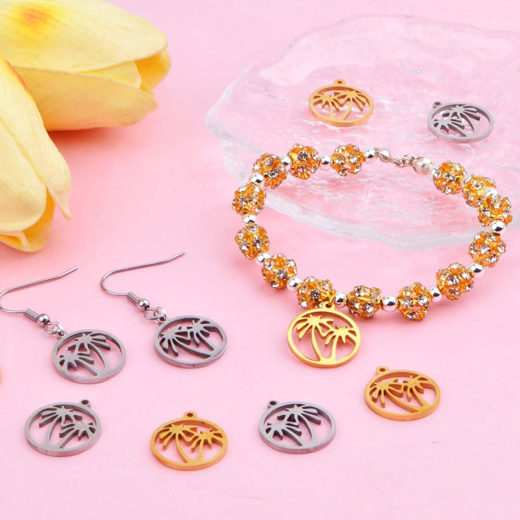 10pcs 2 Colors Stainless Steel Round Ring with Coconut Tree Charms Hypoallergenic Hawaii Tropical Plant Tree Pendants for DIY Necklace Bracelet Keychains Jewelry Making