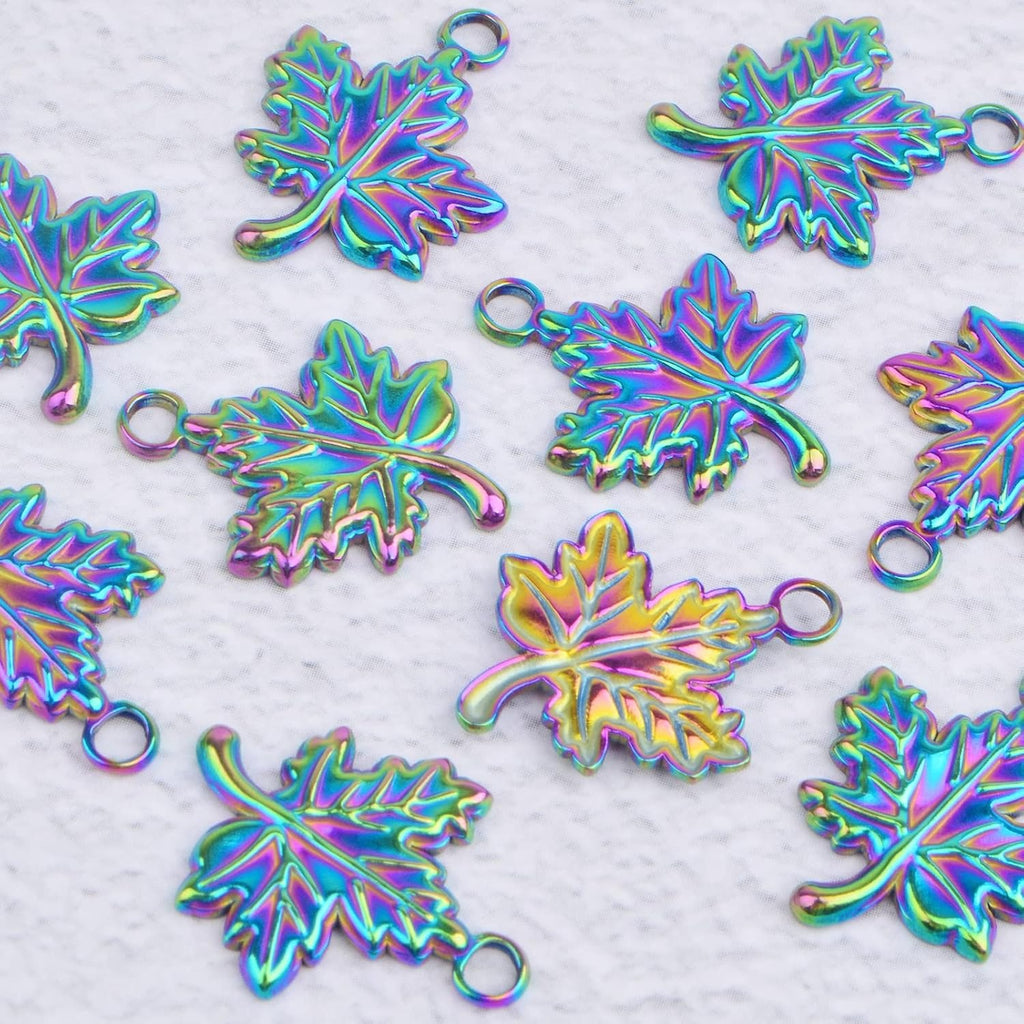 10pcs Stainless Steel Fall Charms Hypoallergenic Maple Leaf Pendants Autumn Leaf Dangle Charms for DIY Bracelet Necklace Jewelry Making Thanksgiving Gift, Rainbow Color