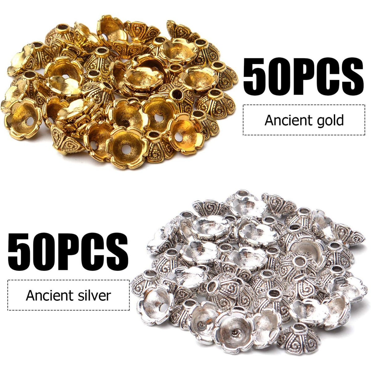 100pcs 9mm Tibetan Style Alloy Flower Caps Spacer Bead Caps Flower Beads End Caps Spacer Caps with A Box for DIY Jewelry Crafts Making(Antique Silver and Antique Gold)