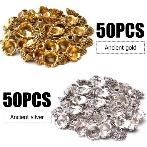 100pcs 9mm Tibetan Style Alloy Flower Caps Spacer Bead Caps Flower Beads End Caps Spacer Caps with A Box for DIY Jewelry Crafts Making(Antique Silver and Antique Gold)