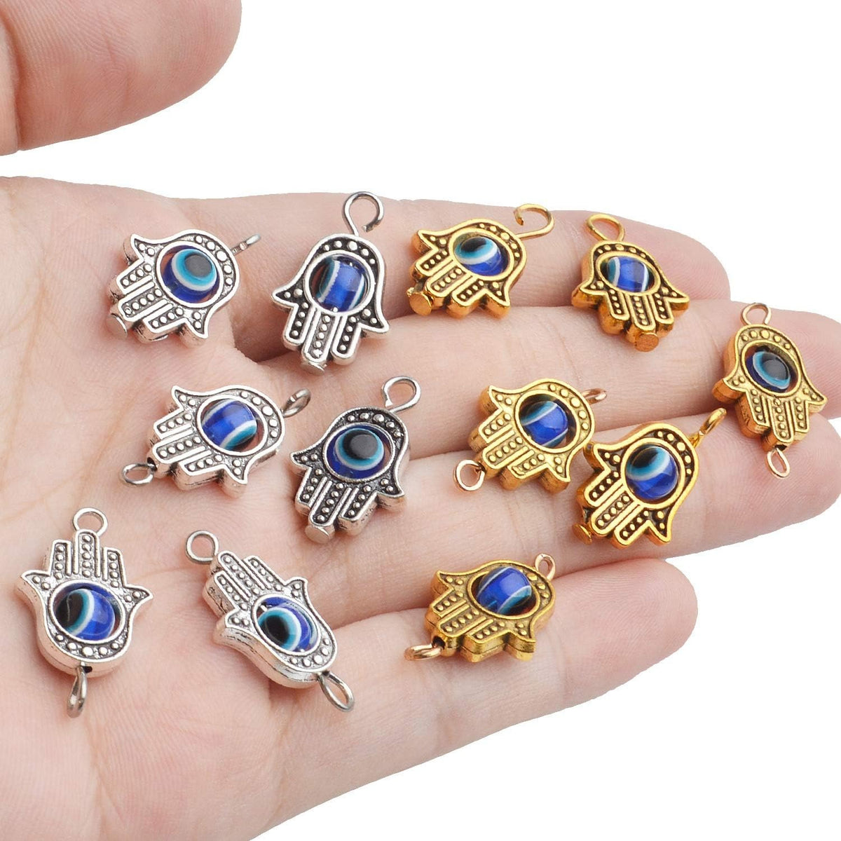 Hamsa Hand Beads Charms, 40pcs Antique Blue Evil Eye Beads Fashion Connectors Pendants Fatima Symbol Charms for DIY Necklace Bracelet Jewelry Making