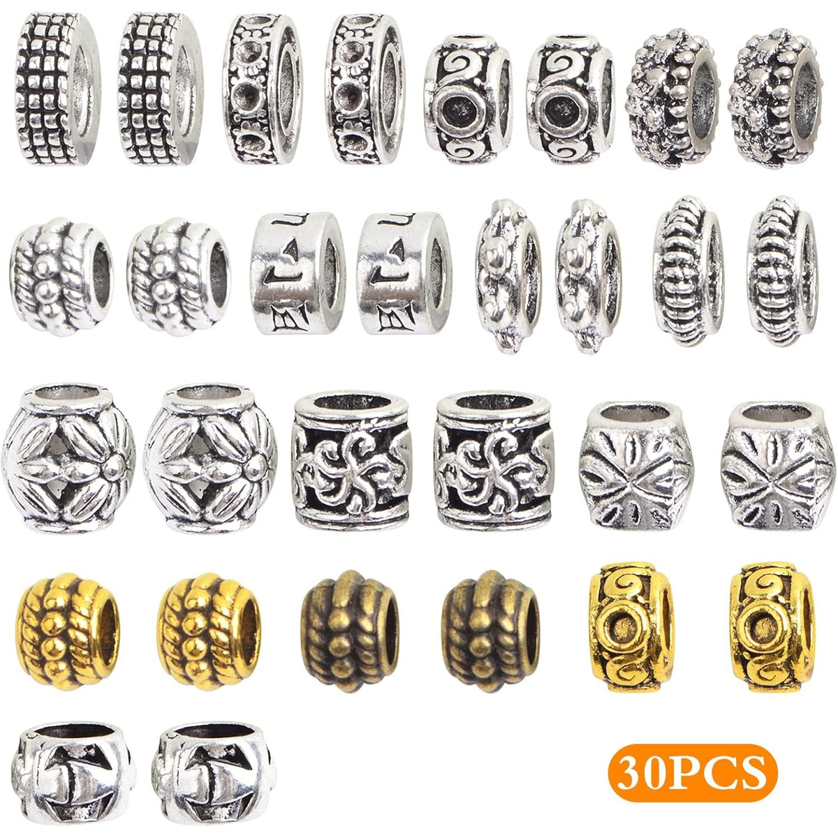30pcs 15 Styles African Hair Beads Big Beard Beads Tibetan Style Alloy Dreadlock Hair Beads Accessories for Jewelry Making Hair Braids Hair Decoration, Mixed Colors