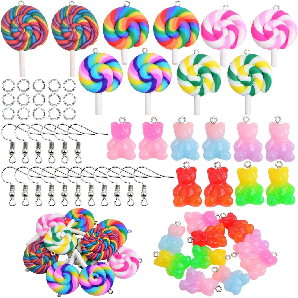 10pcs Colorful Sweet Candy Lollipop Charms and 10pcs Gummy Bear Pendants Resin Polymer Clay Charms with 20pcs Earring Hooks and 20pcs Jump Rings for DIY Earrings Craft Jewelry Making