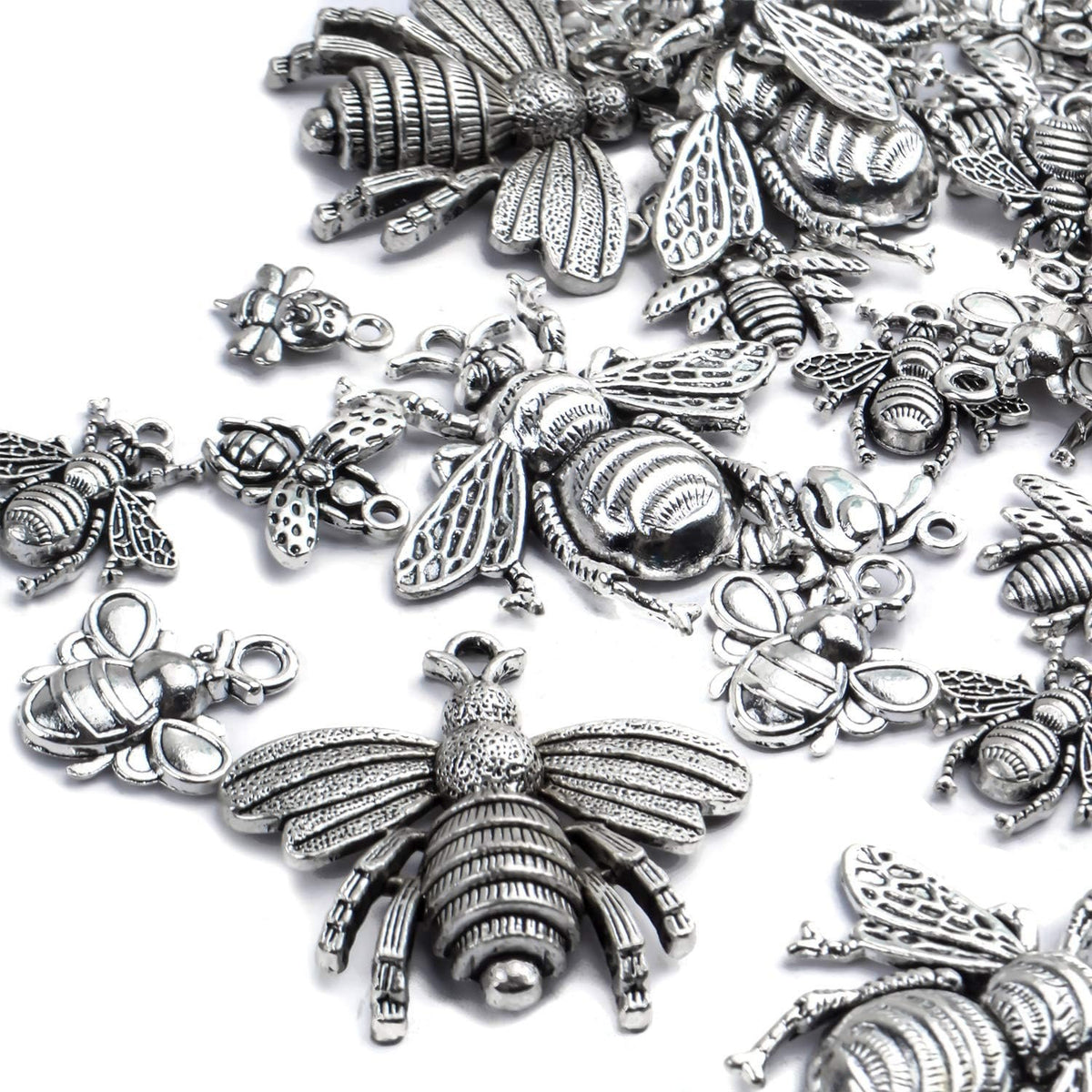 100g (30-60pcs) Antique Silver Mixed Honey Bee Charm Pendants Alloy Bee Pendant Flying Insect Charms Craft Supplies for DIY Necklace Bracelet Jewelry Making