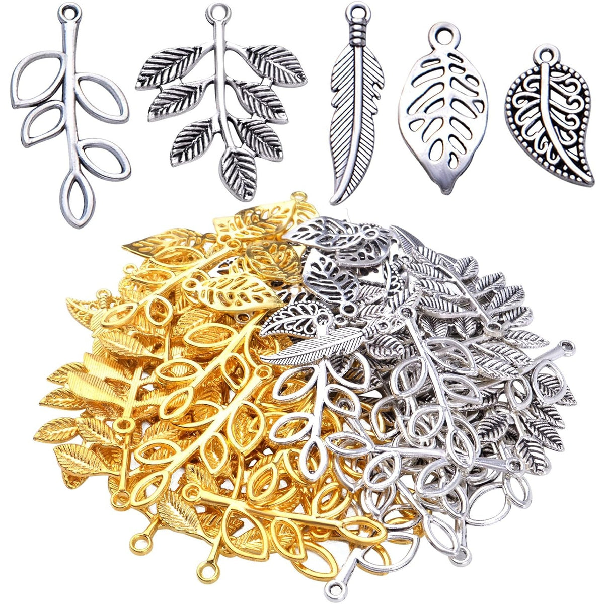 100pcs 5 Styles Tree Leaf Charms Tibetan Alloy Leaves Branch Pendants Vintage Dangle Charms for DIY Earring Necklace Keychains Jewelry Making Accessory, Gold and Antique Silver