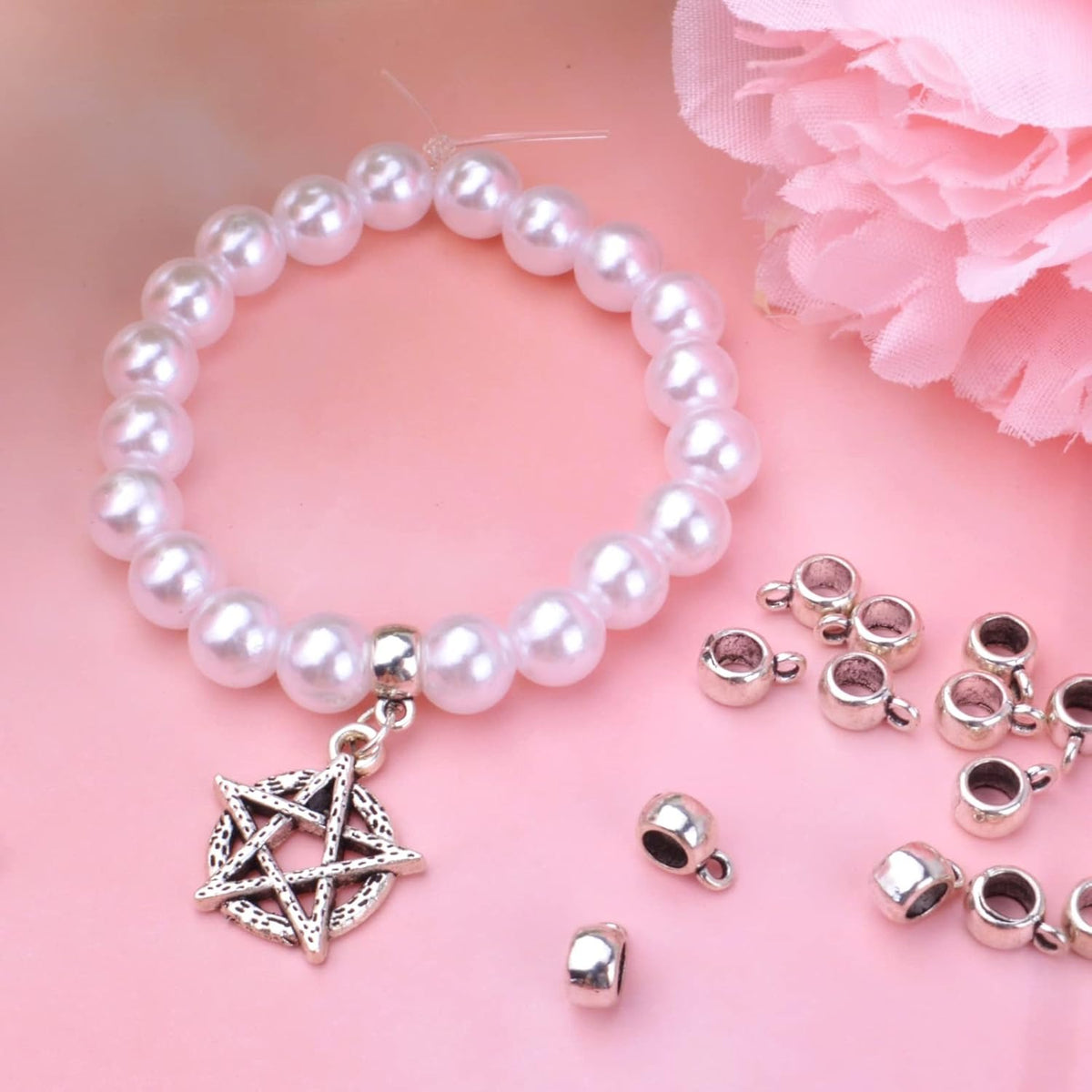 100pcs Antique Silver Bail Tube Beads Tibetan Alloy Tube Spacer Beads Vintage Hanger Dangle Connector Links for DIY European Charm Bracelet Jewelry Making Accessories