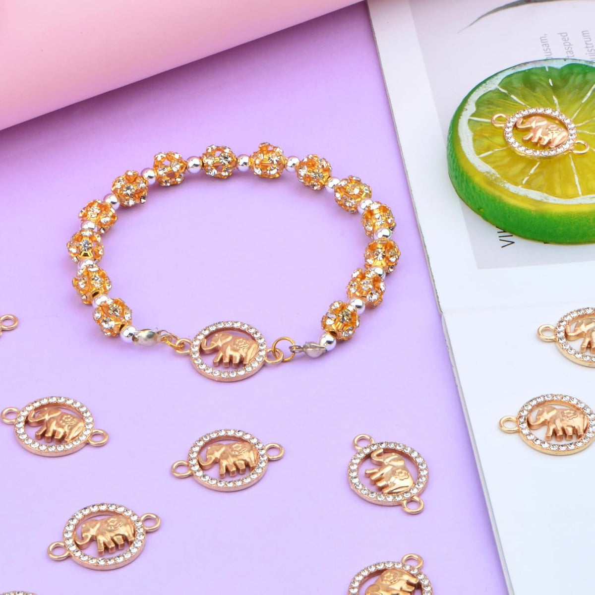 30pcs Golden Rhinestone Elephant Charms Connectors Creative Animal Elephant Double Hole Pendants Links Craft Supplies DIY Bracelet Necklace Keychains Jewelry Making