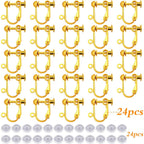 24pcs Golden Clip-on Earring Findings Components Brass Screw Back Ear Wire Earring Converters with Easy Open Loop and 24pcs Soft Earring Cushions Pads for Non Pierced Ears