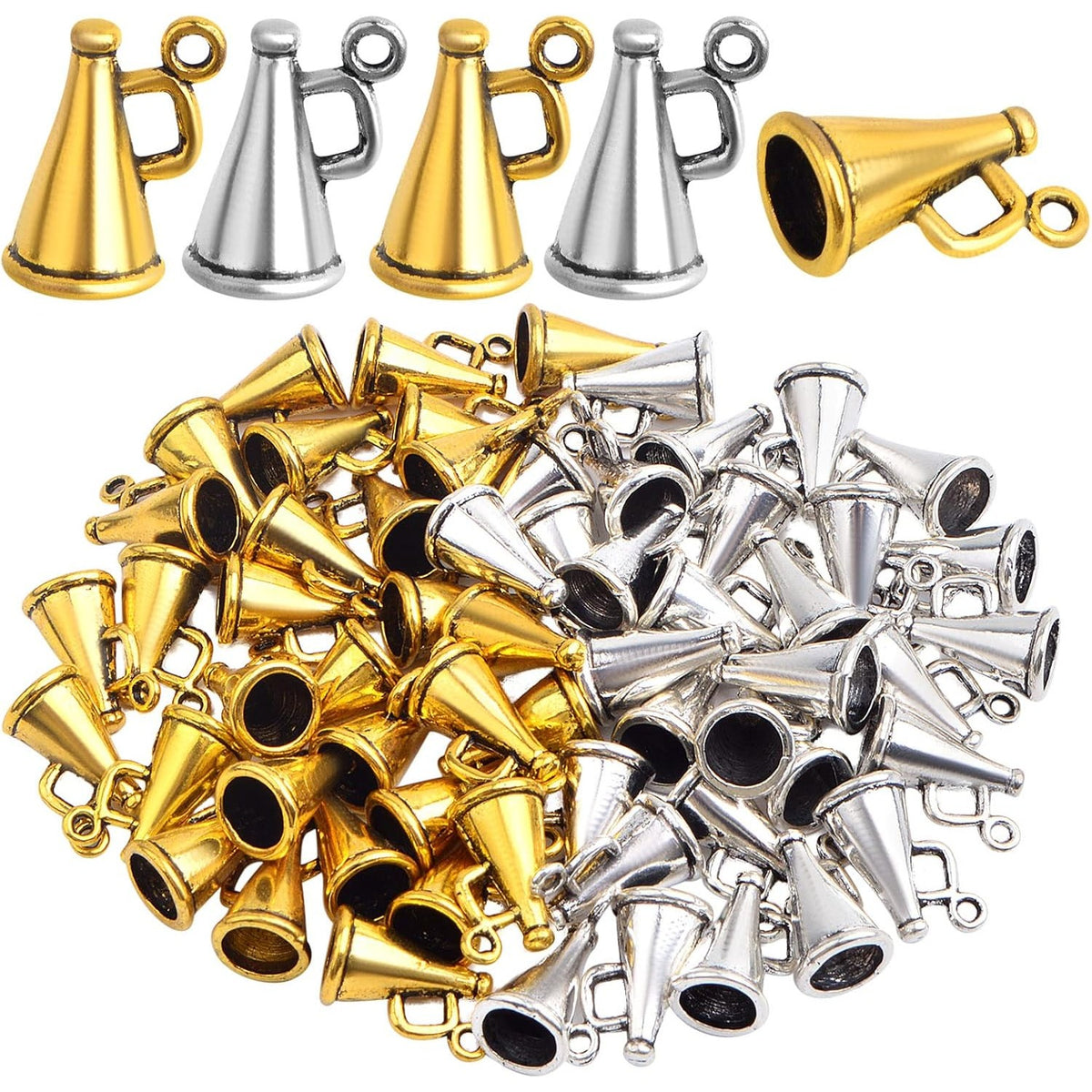 60pcs Tibetan Alloy Megaphone Cheer Charms Vintage Loudspeaker Megaphone Cheerleading Dangle Pendants for DIY Necklace Bracelet Jewelry Making Crafting, 2 Colors