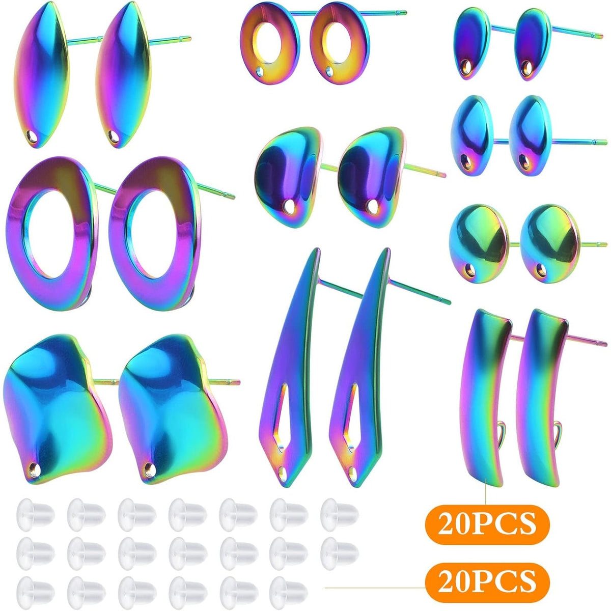 20pcs Stainless Steel Irregular Shapes Stud Earrings Mixed Round Oval Rhombus Heart Earring Posts with Hole and 20pcs Clear Earring Backs for DIY Jewelry Making Supplies, Rainbow Color