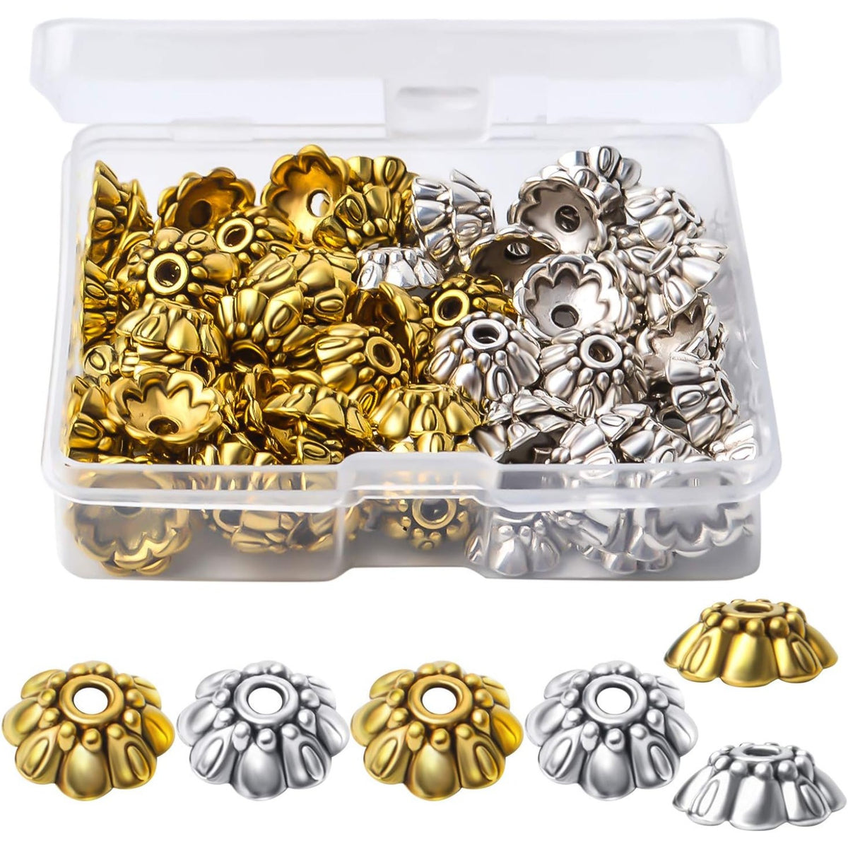 100pcs Flower Beads Caps Spacer Beads Caps Bead End Caps Flower Caps with A Box for Bracelet Necklace Earring Jewelry Making Supplies