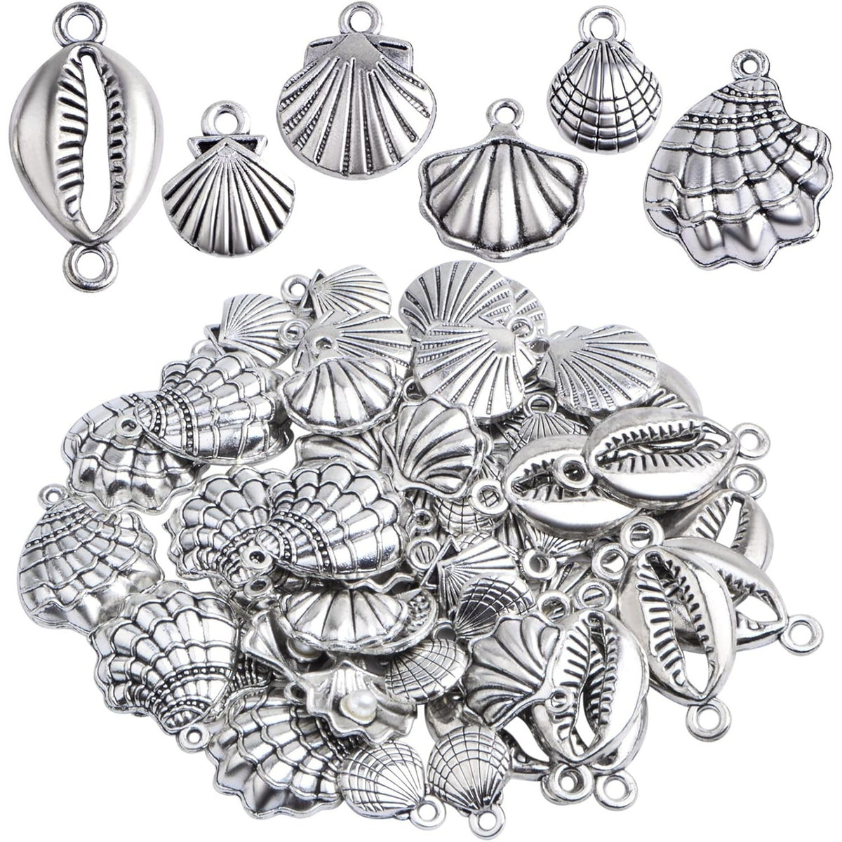 60pcs Antique Silver Sea Shell Charms Vintage Alloy Seashell Shape Ocean Life Dangle Pendants Craft Supplies for DIY Jewelry Making Birthday Party Gifts, 6 Styles