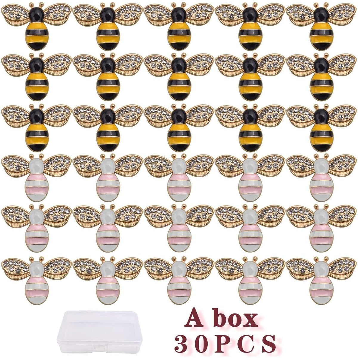 30 Pieces Enamel Bee Charms with Rhinestone Alloy Diamond Honeybee Pendant Embellishments with a Plastic Box for DIY Crafts Jewelry Making Supplies Decoration, 2 Colors