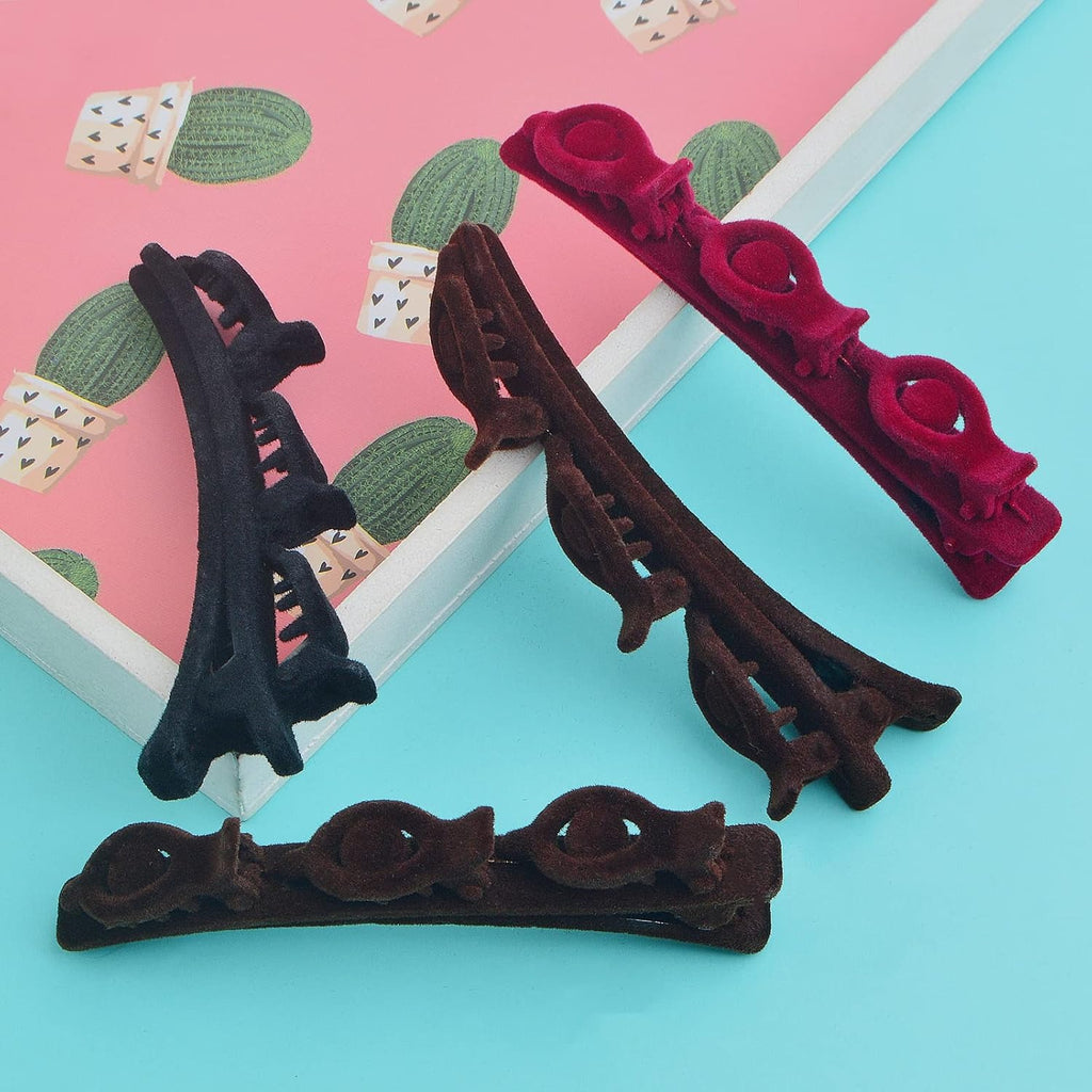 6pcs Double Retro Layer Twist Plait Hair Clips Flocking Texture Braided Hair Clips Woven Hairpin Barrettes with 3 Small Clips on Top for Women Girls Hair Styling, 3 Colors