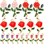 35pcs Multi-colored Enamel Rose Flower Charms Golden Plated Alloy Mini Flower Dangle Pendants for DIY Necklace Bracelet Earrings Jewelry Making Findings, 3 Styles