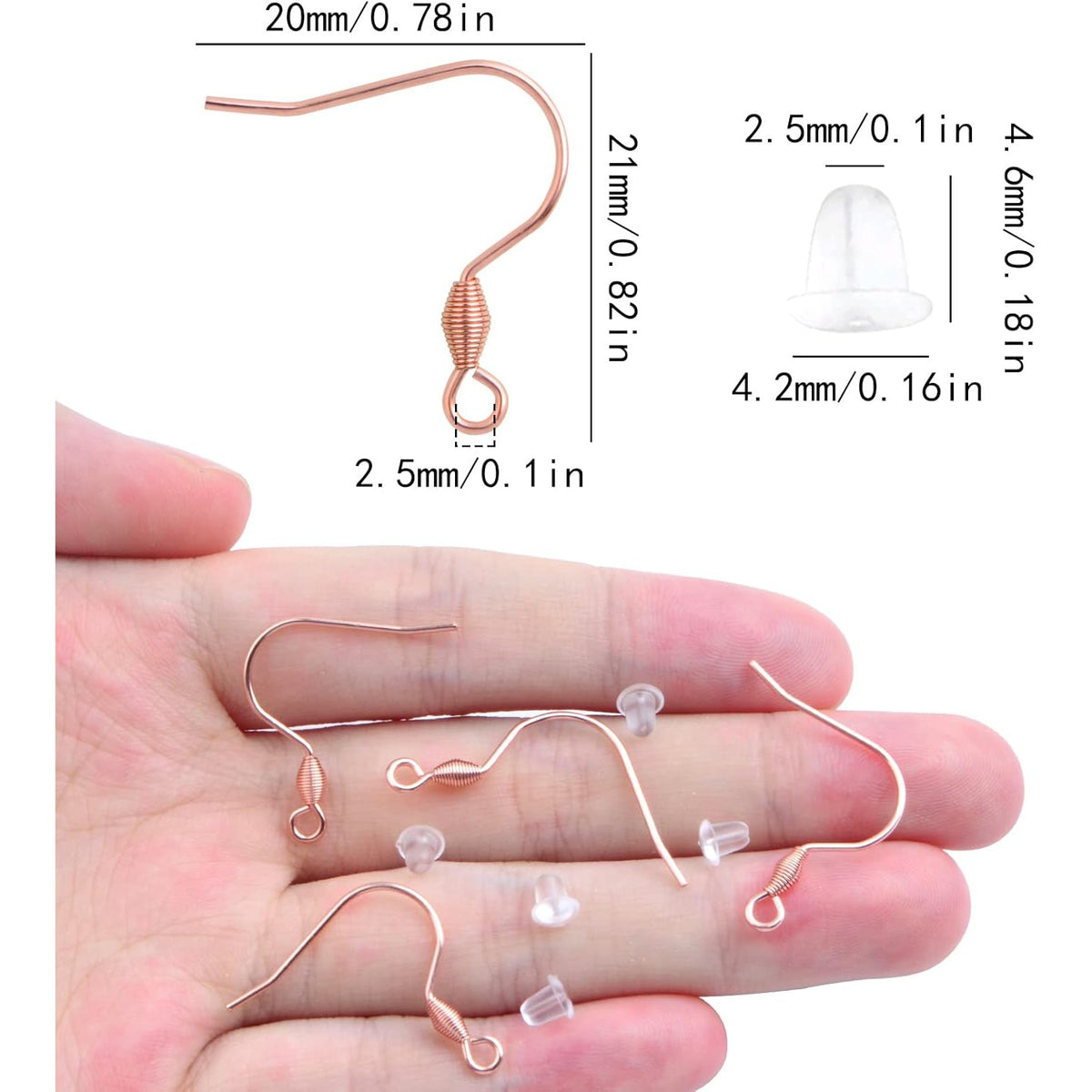 50pcs Stainless Steel Large Earring Hooks Hypoallergenic French Ear Wires Fish Hooks and 50pcs Clear Earring Safety Backs for DIY Dangle Earring Making Supplies, Rose Golden