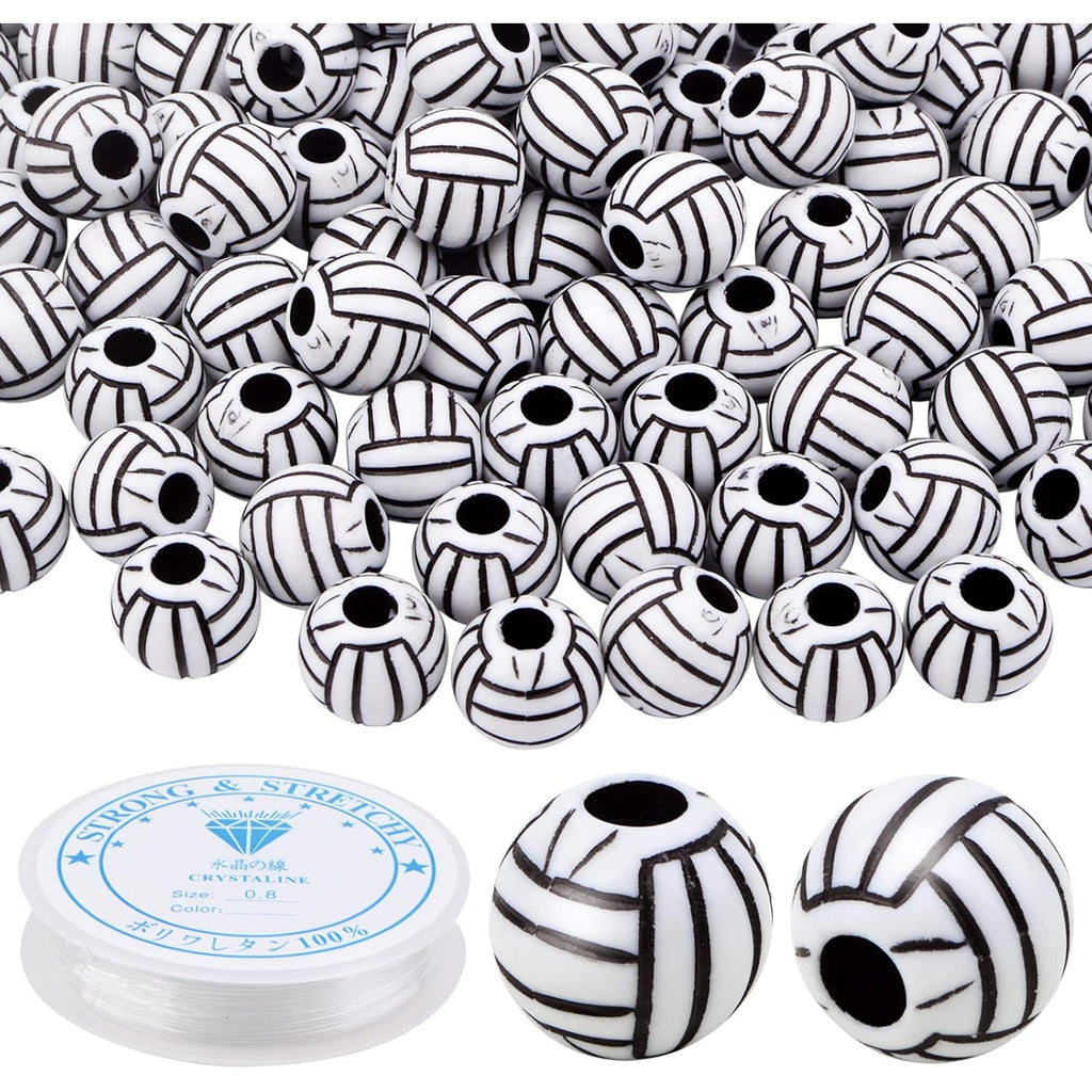 120 Pieces Volleyball Spacer Beads Acrylic Sport Ball Beads with Large Hole and A Roll of Elastic Crystal String for DIY Necklace Bracelet Keychains Hair Ties Crafts