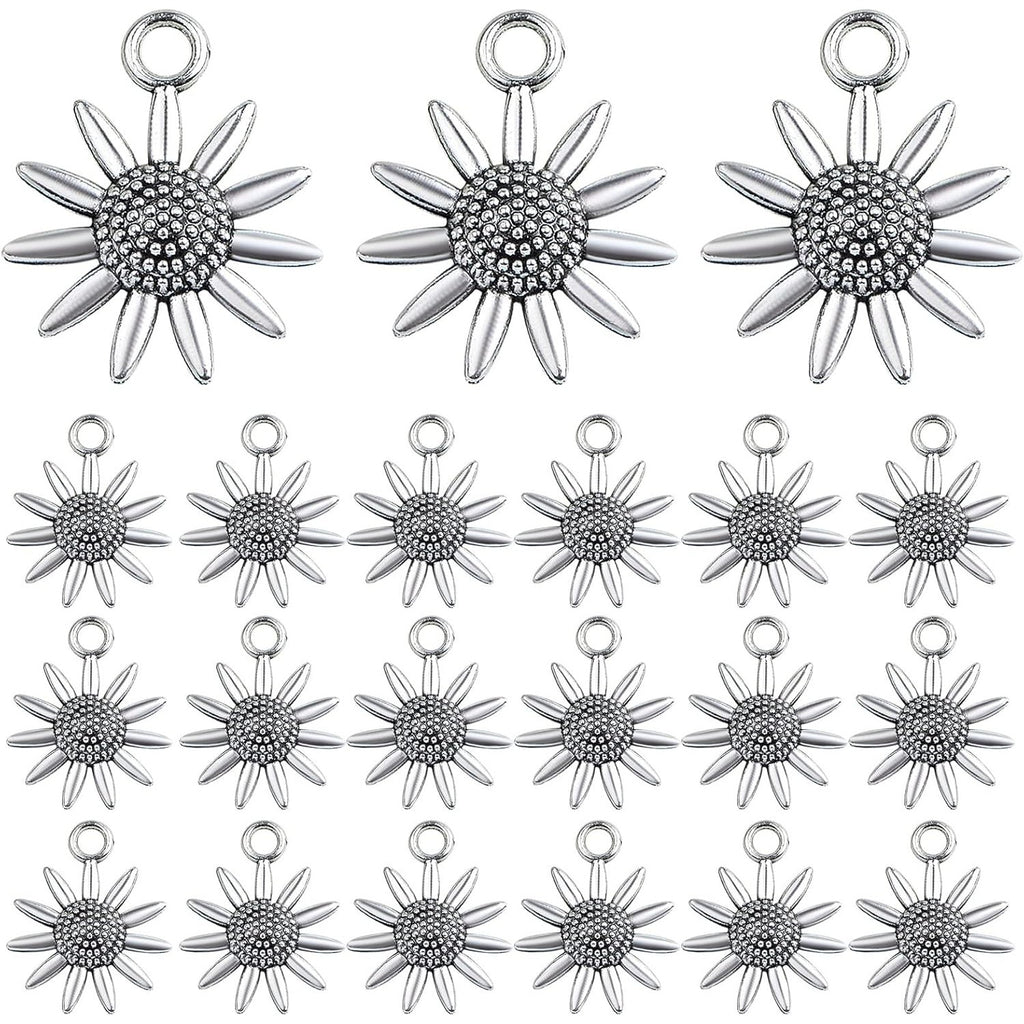 60 Pieces Antique Silver Lovely Sunflower Shaped Charms Vintage Alloy Daisy Flower Dangle Pendants Findings for DIY Necklace Bracelet Earrings Jewelry Making