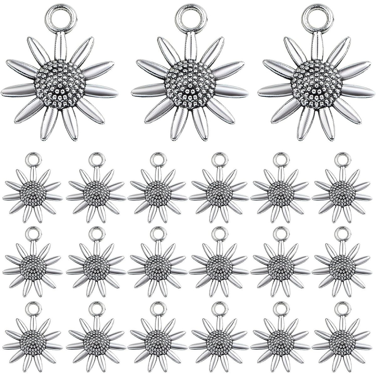 60 Pieces Antique Silver Lovely Sunflower Shaped Charms Vintage Alloy Daisy Flower Dangle Pendants Findings for DIY Necklace Bracelet Earrings Jewelry Making