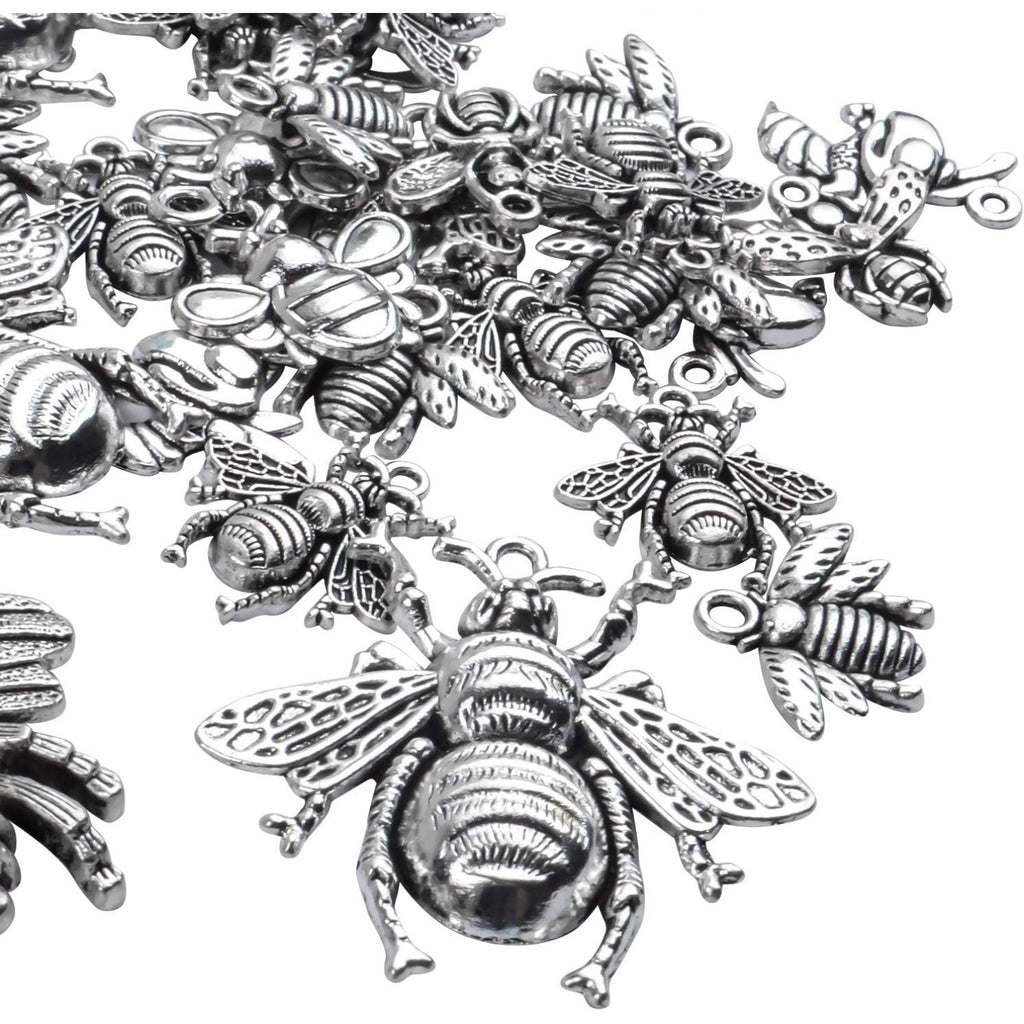 100g (30-60pcs) Antique Silver Mixed Honey Bee Charm Pendants Alloy Bee Pendant Flying Insect Charms Craft Supplies for DIY Necklace Bracelet Jewelry Making
