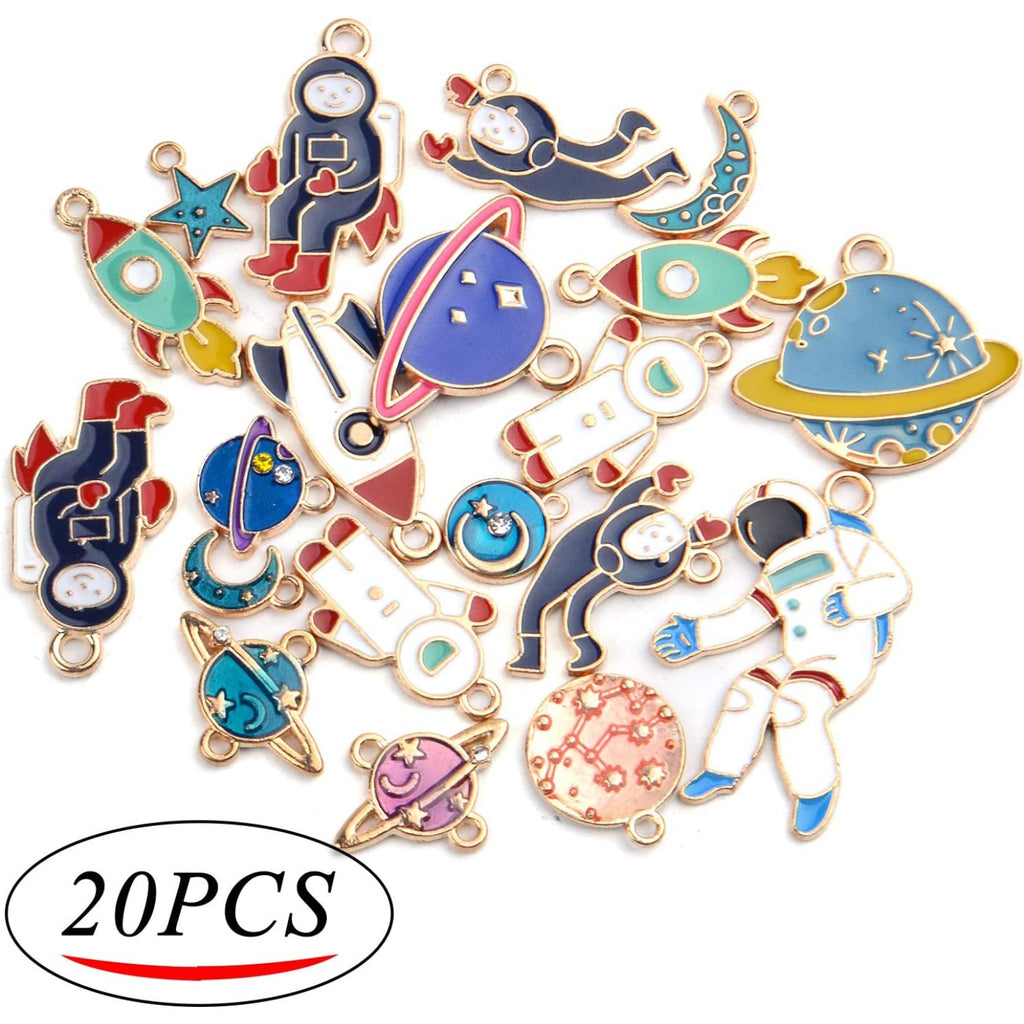 Space Themed Charms,20pcs Assorted Gold Plated Enamel Planet Astronaut Charm Pendant for Jewelry DIY Craft