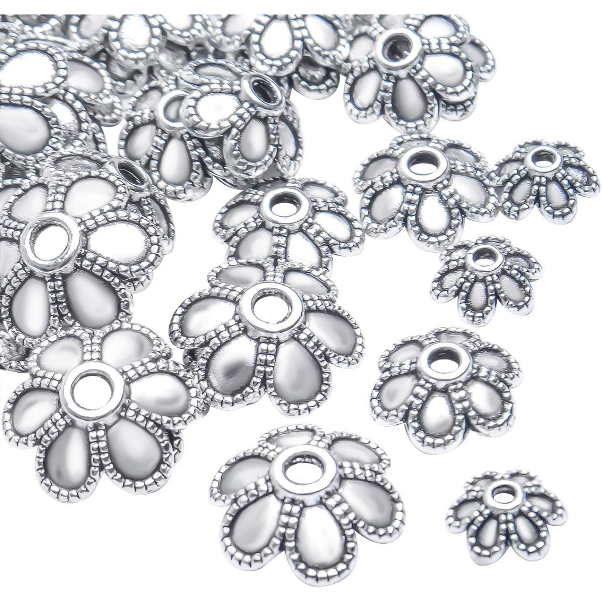 Antique Silver Flower Bead Caps, 200 Pcs Tibetan End Caps Metal Spacers for Jewelry Making, 6mm, 8mm, 10mm