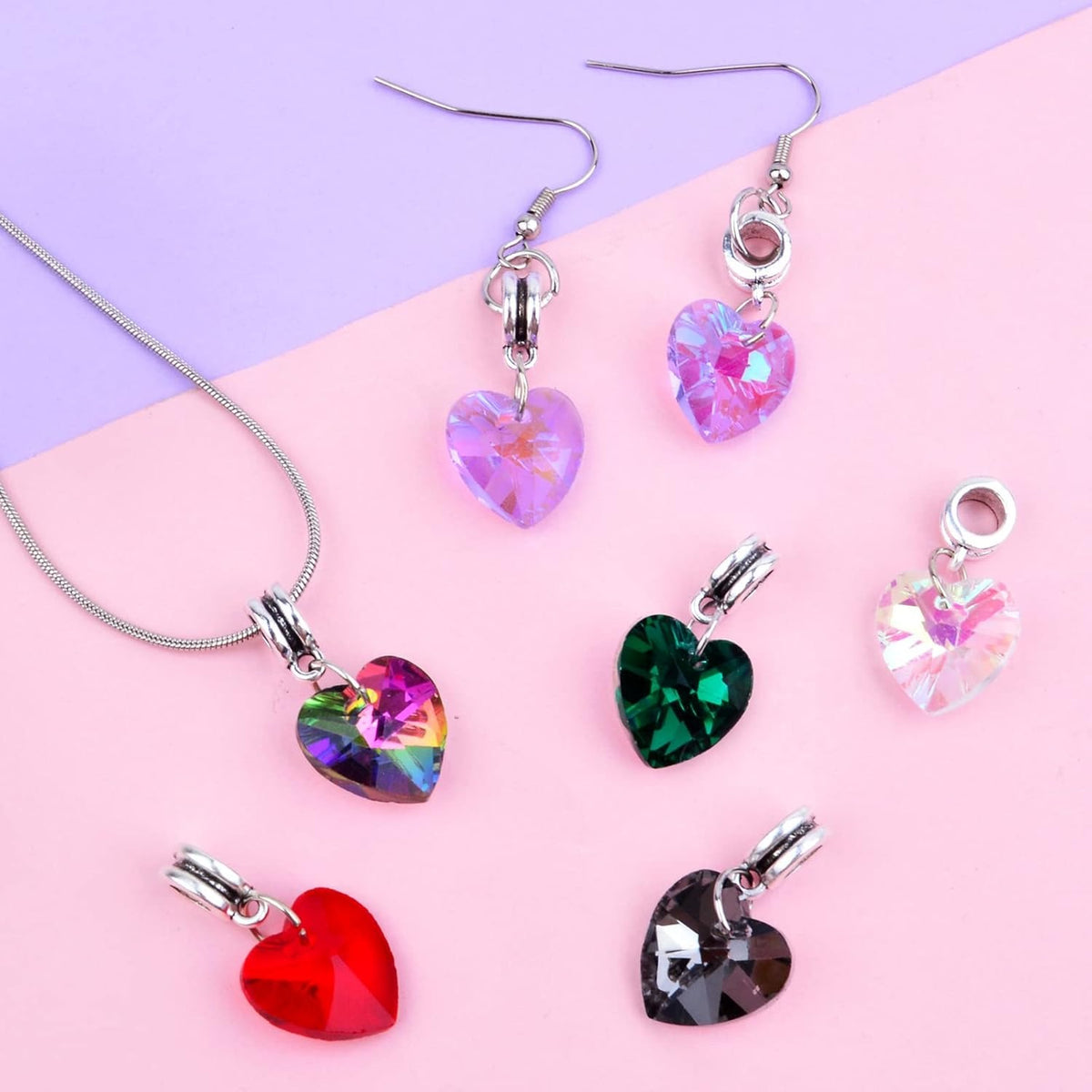 24pcs 6 Colors Heart Shaped Dangle Pendants Charms Faceted Crystal Heart Bead Charms with Bail Hanger for DIY Necklace Earrings Bracelets Jewelry Making