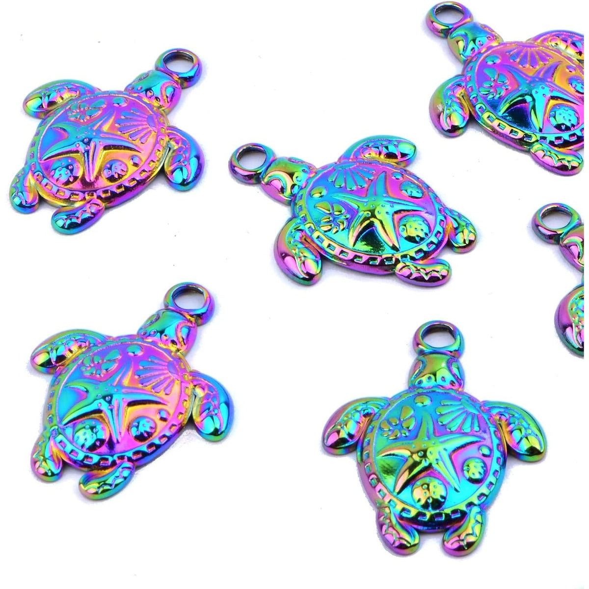 10pcs Stainless Steel Sea Turtle Charms Hypoallergenic Ocean Animal Turtle Tortoise Shape Dangle Pendants for DIY Necklace Bracelet Crafts Jewelry Making, Rainbow Color