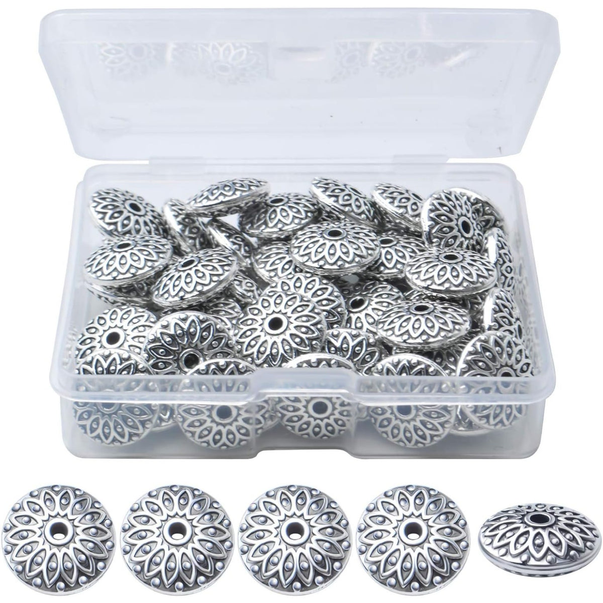 50pcs 11mm Tibetan Antique Silver Alloy Spacers Beads Round Spacer Bead Spacer Bead Charms Jewelry Spacers with A Box for DIY Jewelry Making Crafts Supplies