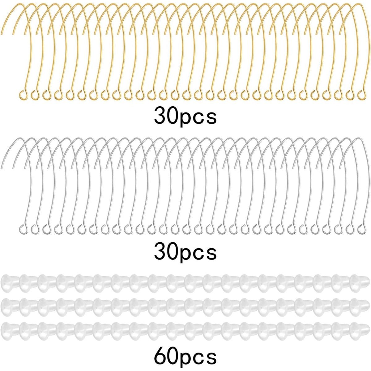 60pcs 2 Colors V Shape Earring Hooks Metal Ear Wires Drop Earring Hooks Components and 60pcs Clear Bullet Earring Backs for DIY Dangle Jewelry Making Findings