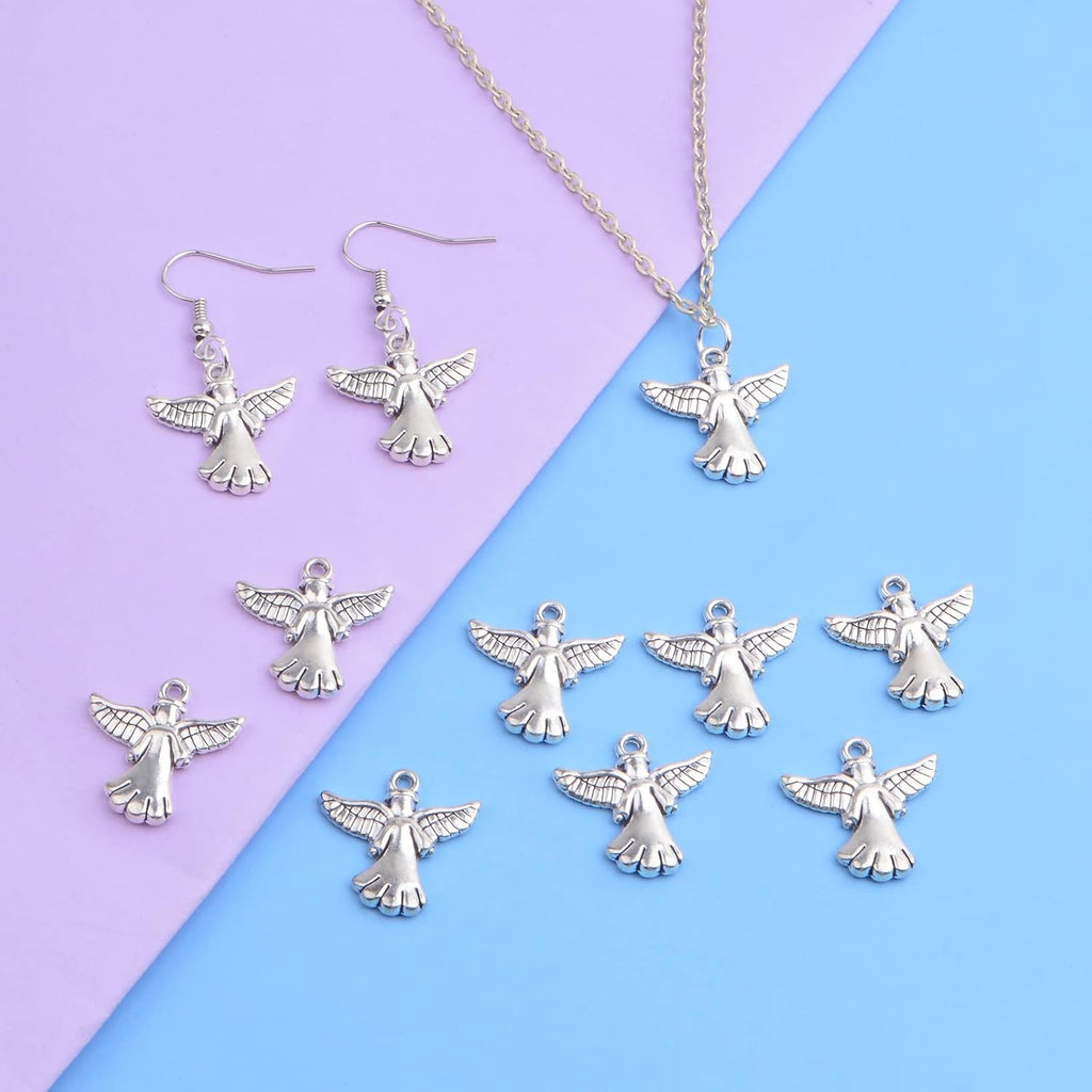 50pcs Antique Silver Angel Wing Pendant Charms Alloy Fairy Angel with Wing Dangle Pendants Hanging Ornaments for DIY Bracelet Necklace Jewelry Making Handmade Decor