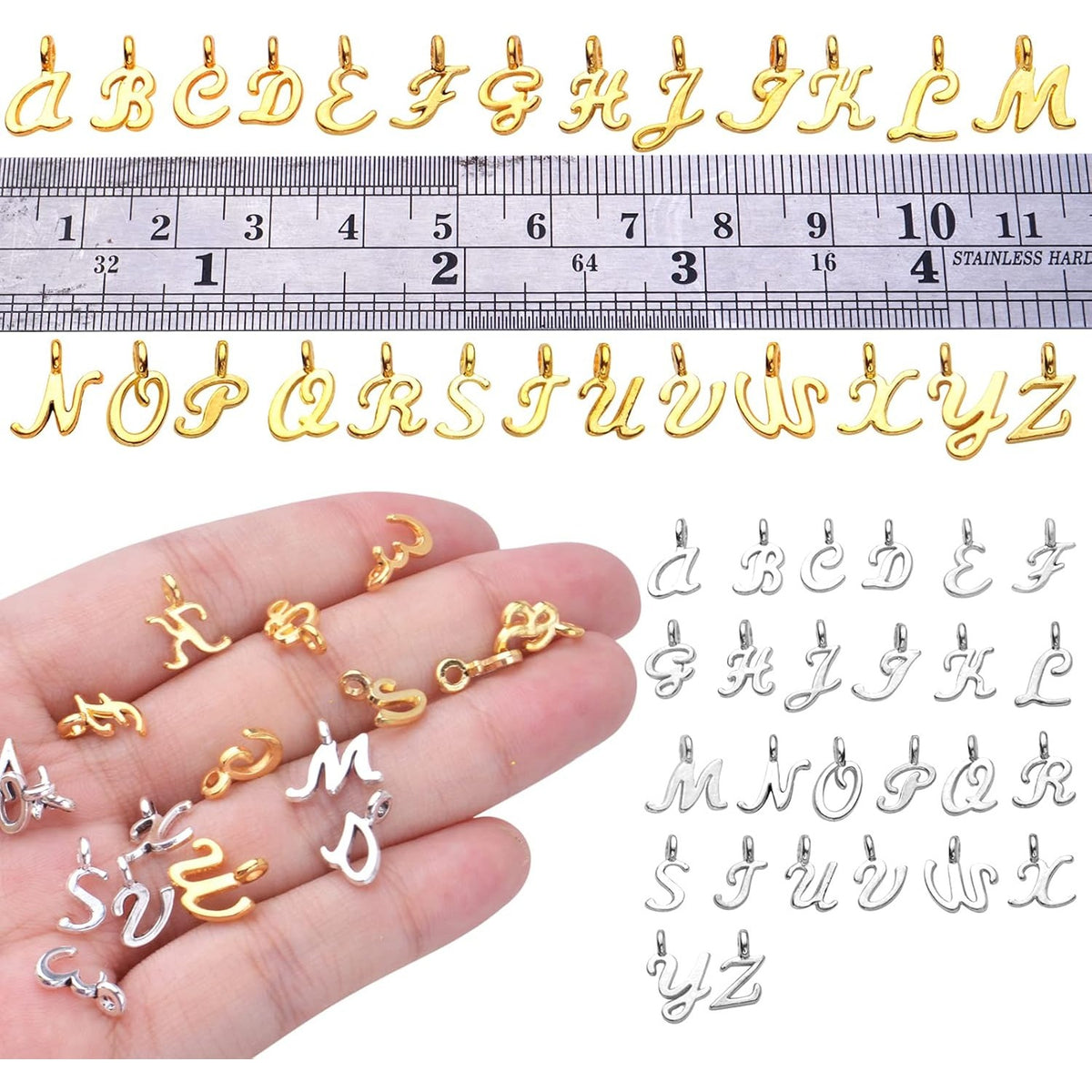 156pcs/6 Sets Alphabet ABC Letter Charms Alloy A-Z Pendants Alphabetic Charms Loose Beads DIY Necklace Bracelet Earrings Crafts Jewelry Making, Gold and Antique Silver