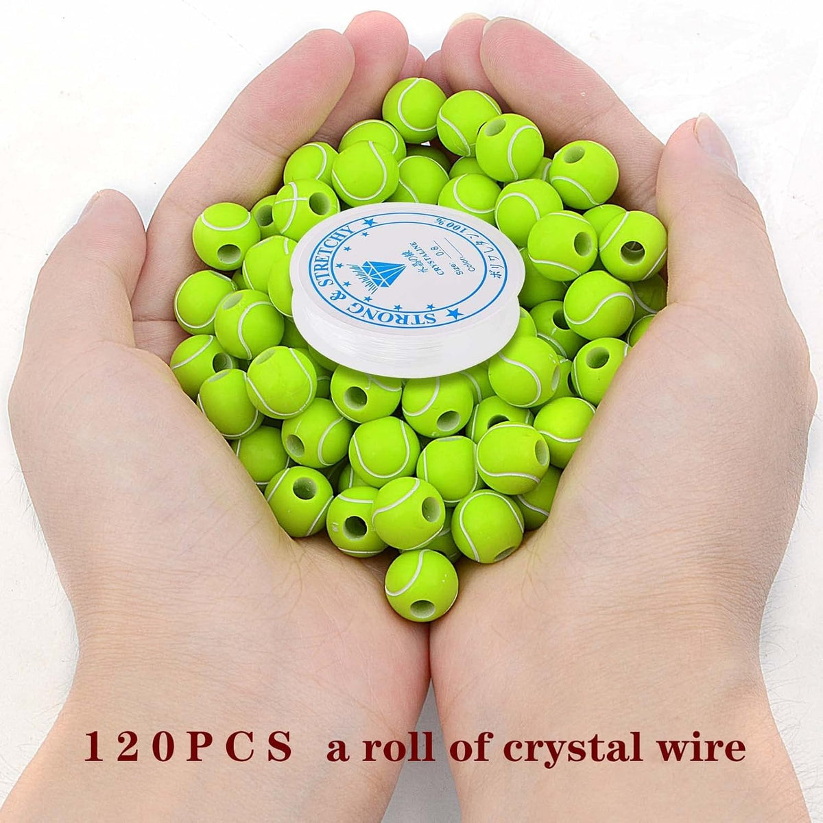 120pcs Tennis Spacer Beads Acrylic Tennis Sport Pony Beads with A Roll Crystal Wire Jewelry Findings Accessories for DIY Necklace Bracelet Keychain Crafts Decoration